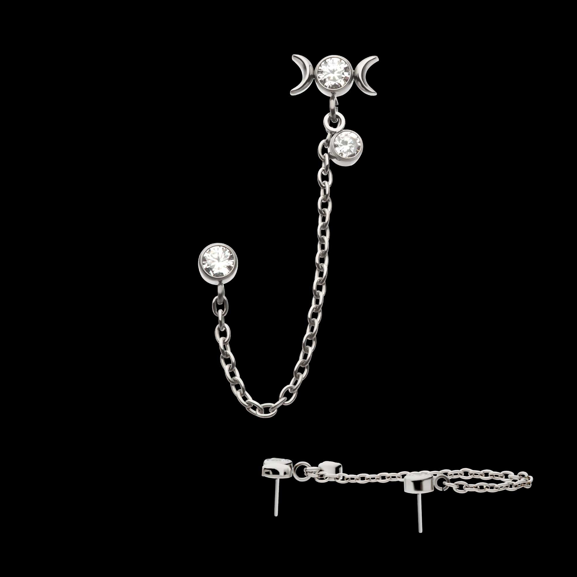 Triple Moon Phase & Duo Bezel Round CZ with Rolo Chain Dangle s Flatback Stud Earring / Nosering - CZ in Titanium