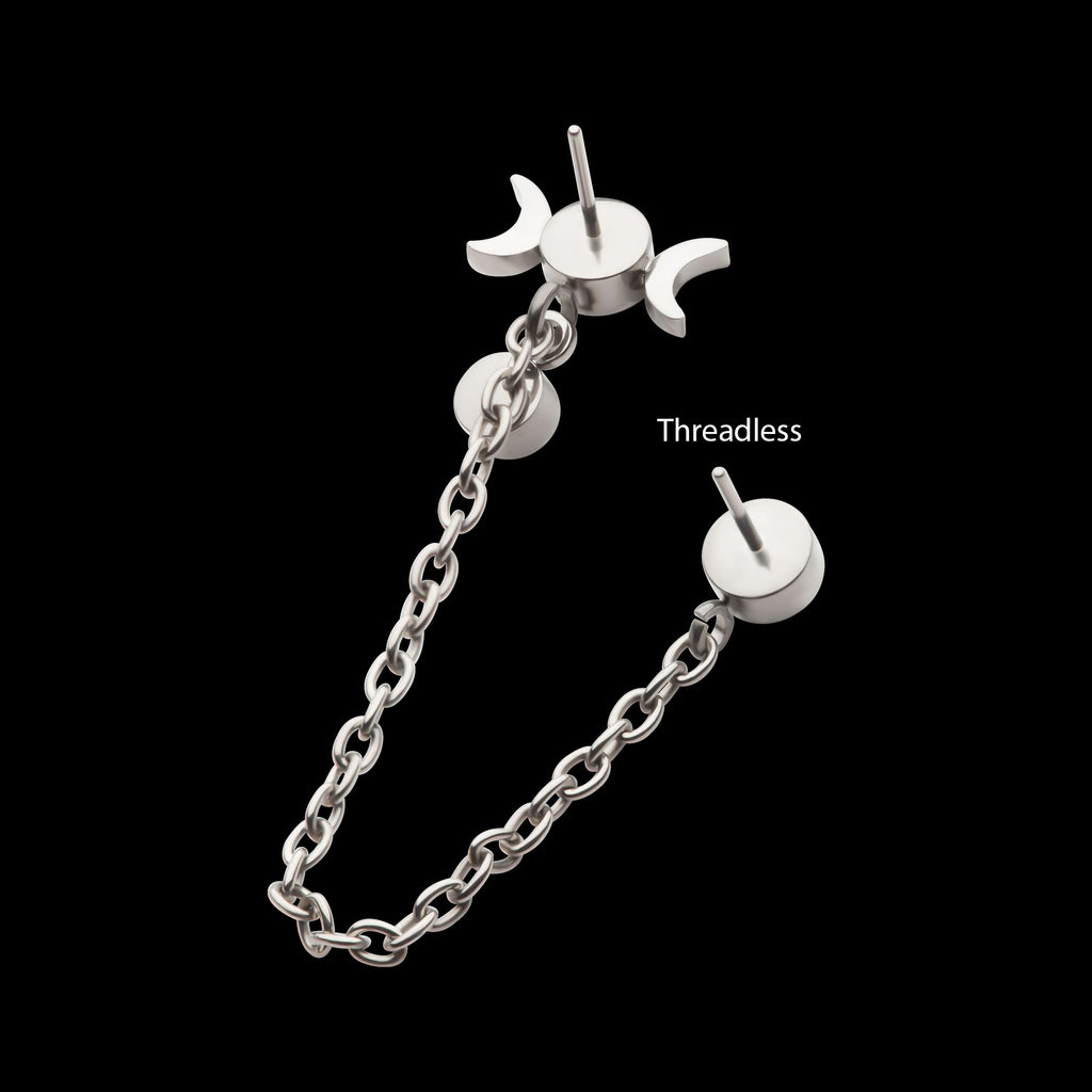 Triple Moon Phase & Duo Bezel Round CZ with Rolo Chain Dangle s Flatback Stud Earring / Nosering - CZ in Titanium
