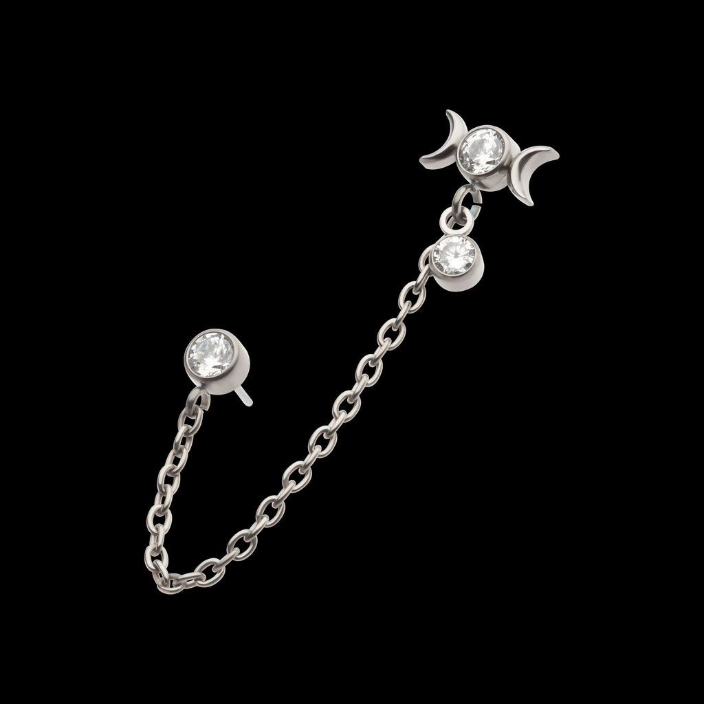 Triple Moon Phase & Duo Bezel Round CZ with Rolo Chain Dangle s Flatback Stud Earring / Nosering - CZ in Titanium