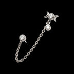 Triple Moon Phase & Duo Bezel Round CZ with Rolo Chain Dangle s Flatback Stud Earring / Nosering - CZ in Titanium