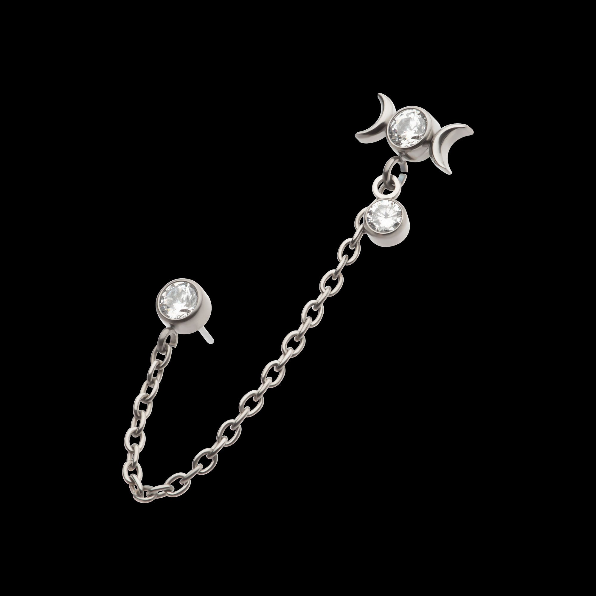 Triple Moon Phase & Duo Bezel Round CZ with Rolo Chain Dangle s Flatback Stud Earring / Nosering - CZ in Titanium
