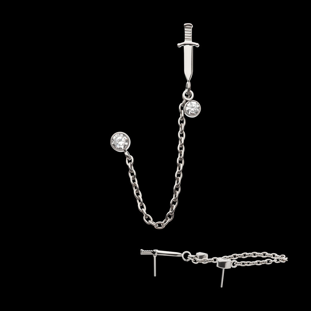 Dagger & Duo Bezel Round CZ with Rolo Chain Dangle s Flatback Stud Earring / Nosering - CZ in Titanium