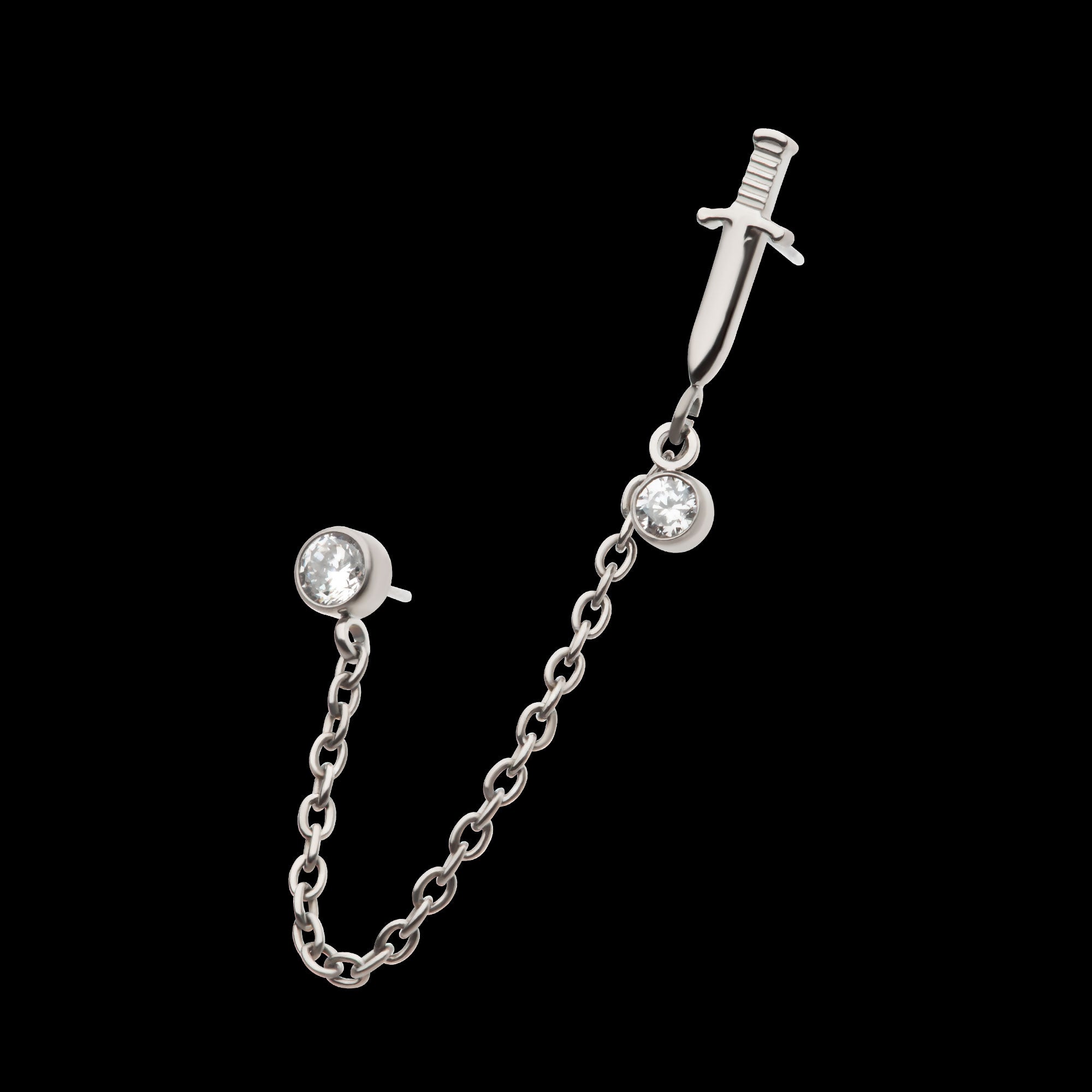 Dagger & Duo Bezel Round CZ with Rolo Chain Dangle s Flatback Stud Earring / Nosering - CZ in Titanium