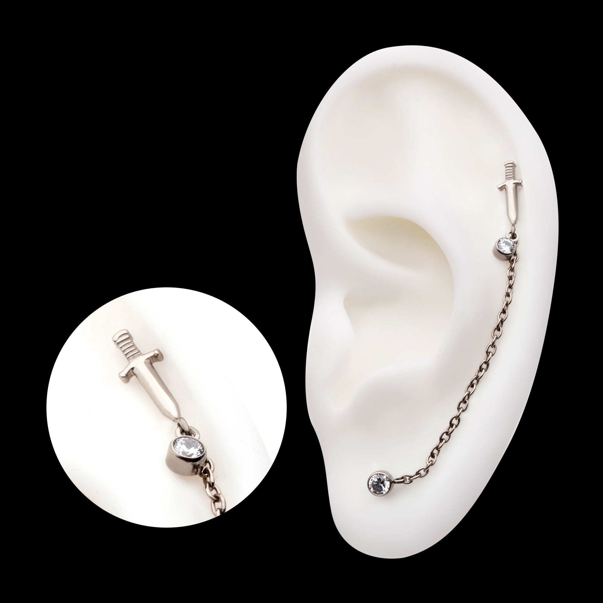 Dagger & Duo Bezel Round CZ with Rolo Chain Dangle s Flatback Stud Earring / Nosering - CZ in Titanium