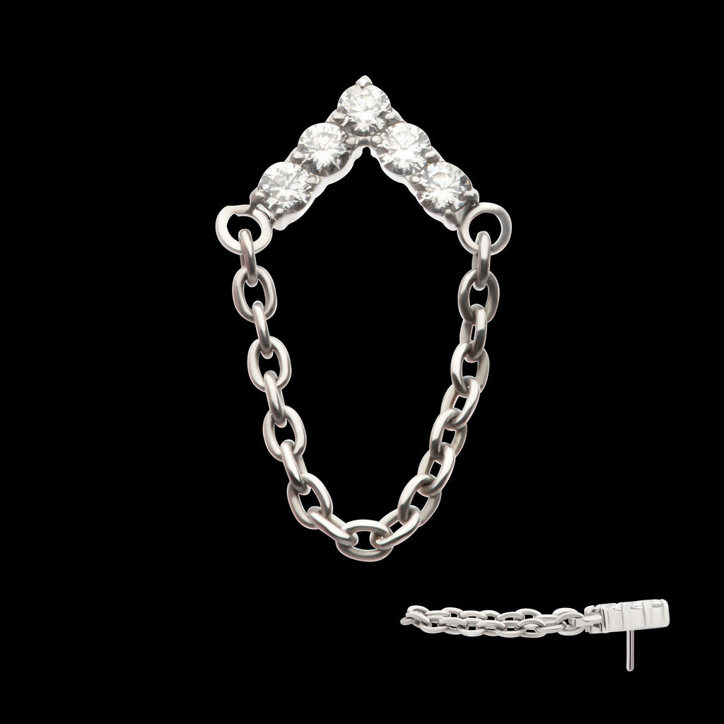 5-Cluster Round AAA CZ Chevron Shape with Dangle Chain Flatback Stud Earring / Nosering - AAA CZ in Titanium