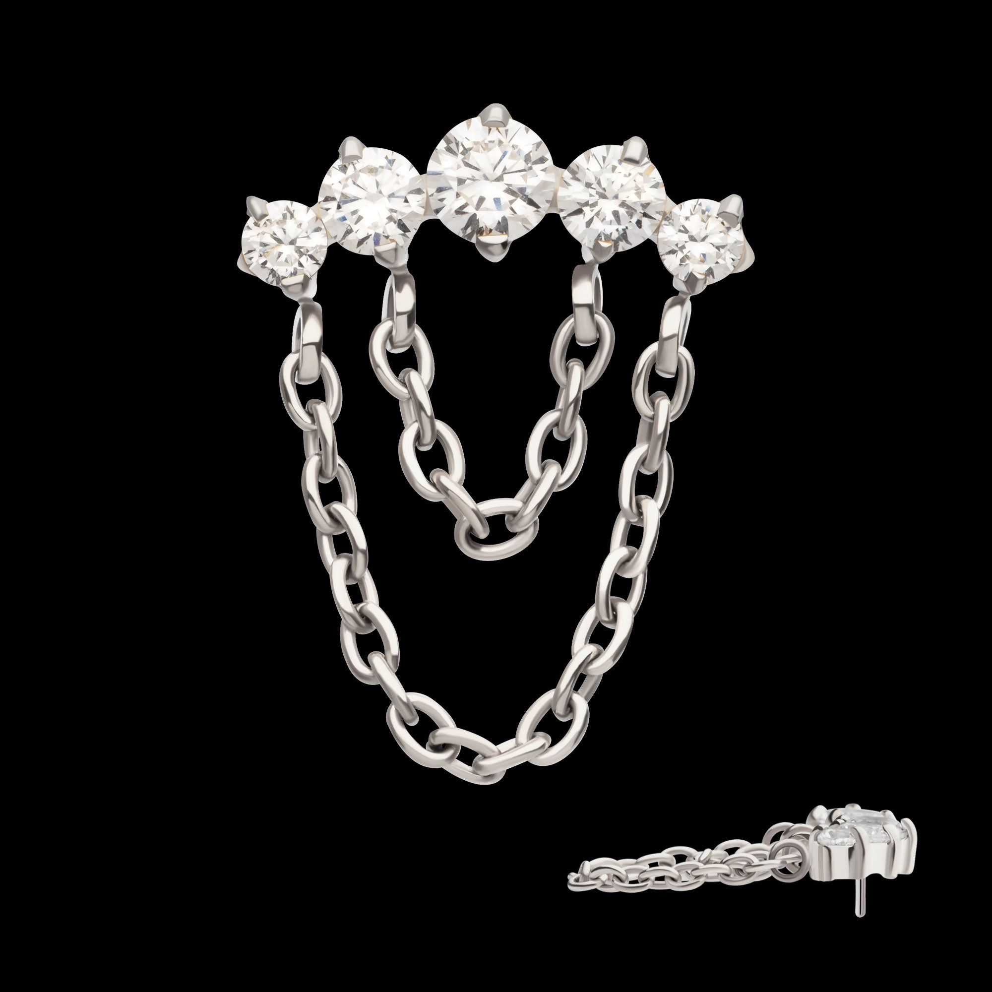 5-Cluster Round AAA CZ with 2 Tier Dangle Chain Flatback Stud Earring / Nosering - AAA CZ in Titanium