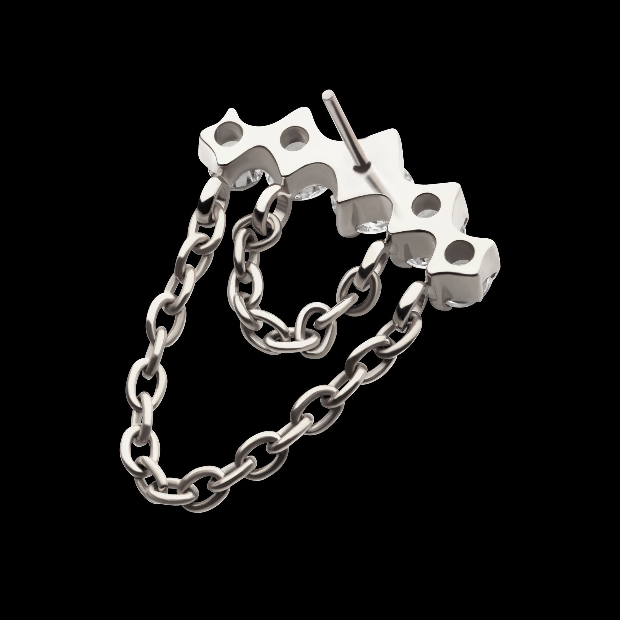 5-Cluster Round AAA CZ with 2 Tier Dangle Chain Flatback Stud Earring / Nosering - AAA CZ in Titanium