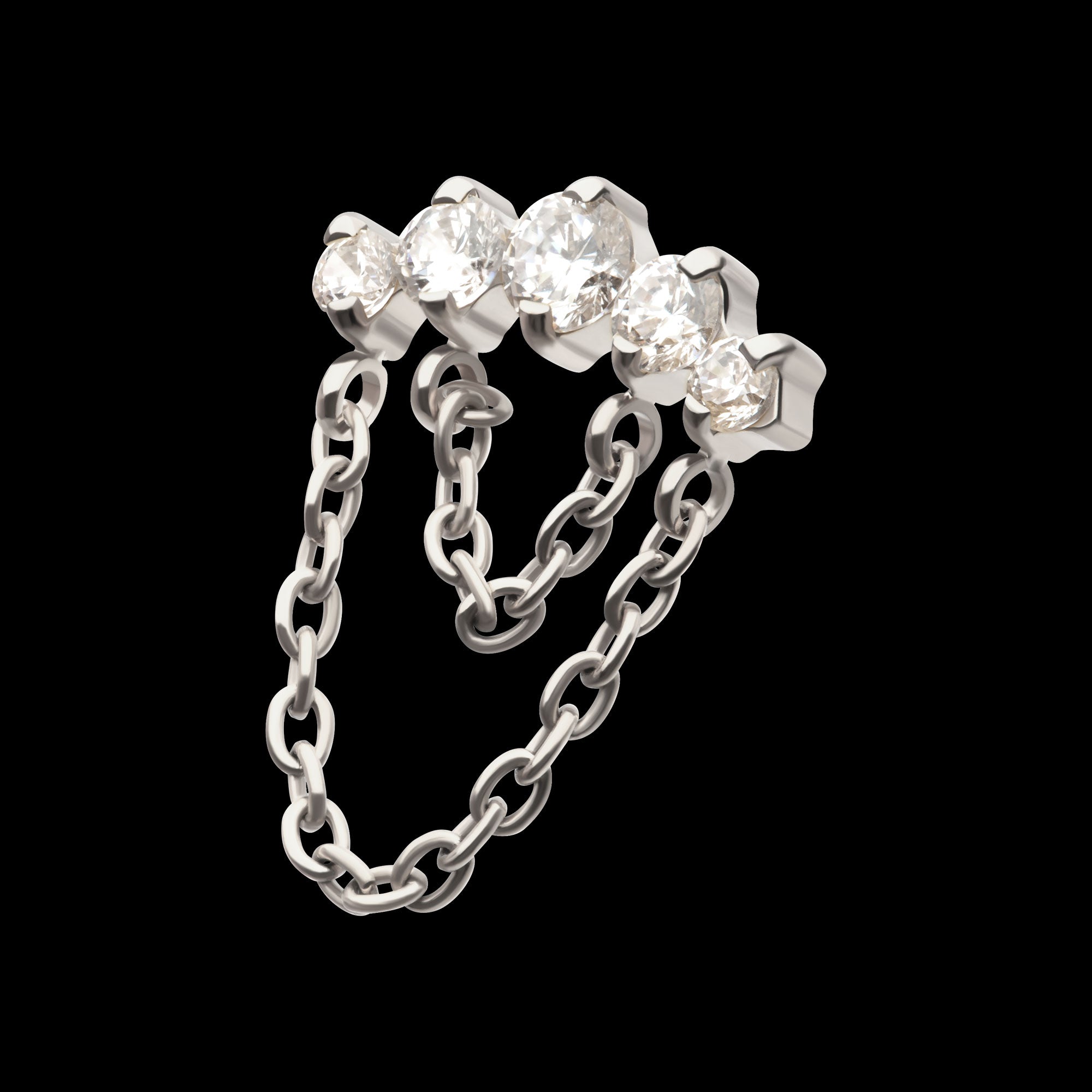5-Cluster Round AAA CZ with 2 Tier Dangle Chain Flatback Stud Earring / Nosering - AAA CZ in Titanium