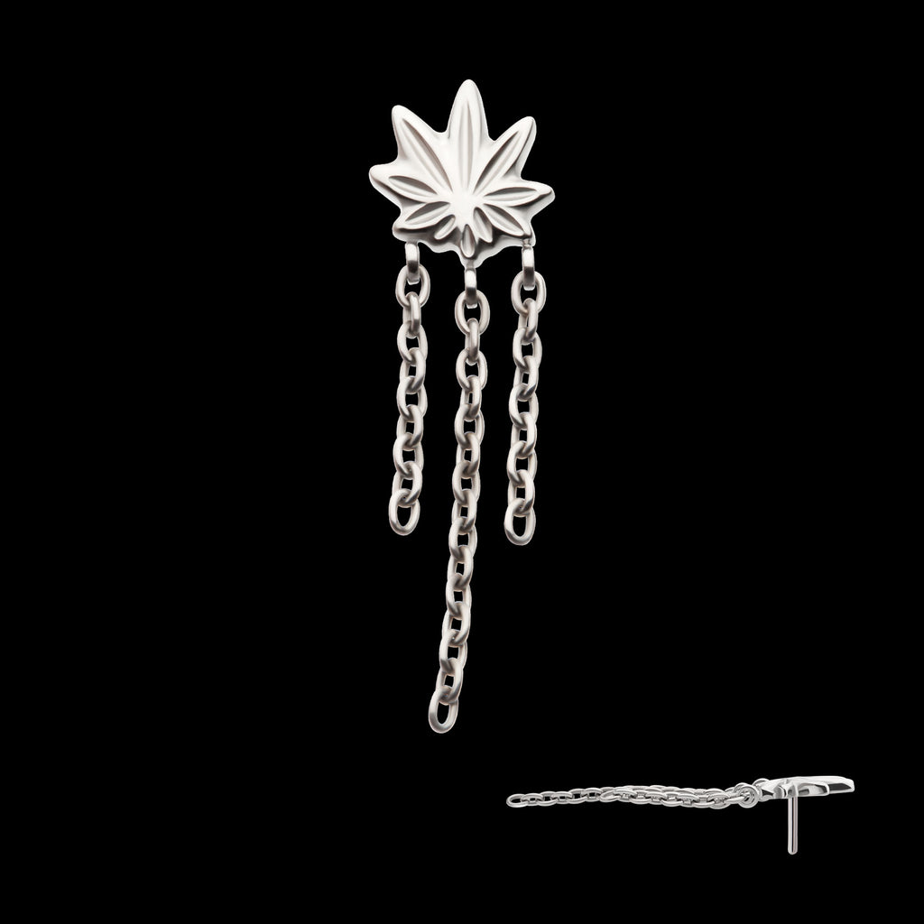 Pot Leaf with 3 Dangle Chains Flatback Stud Earring / Nosering - Titanium
