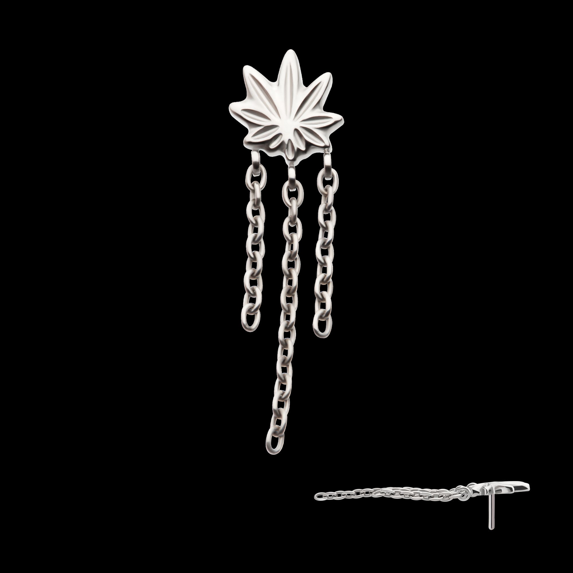 Pot Leaf with 3 Dangle Chains Flatback Stud Earring / Nosering - Titanium