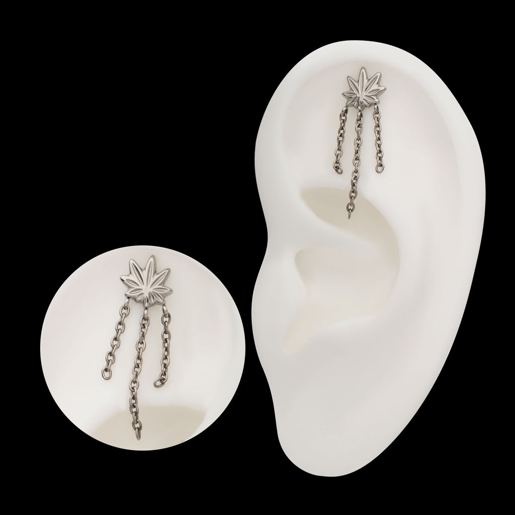 Pot Leaf with 3 Dangle Chains Flatback Stud Earring / Nosering - Titanium