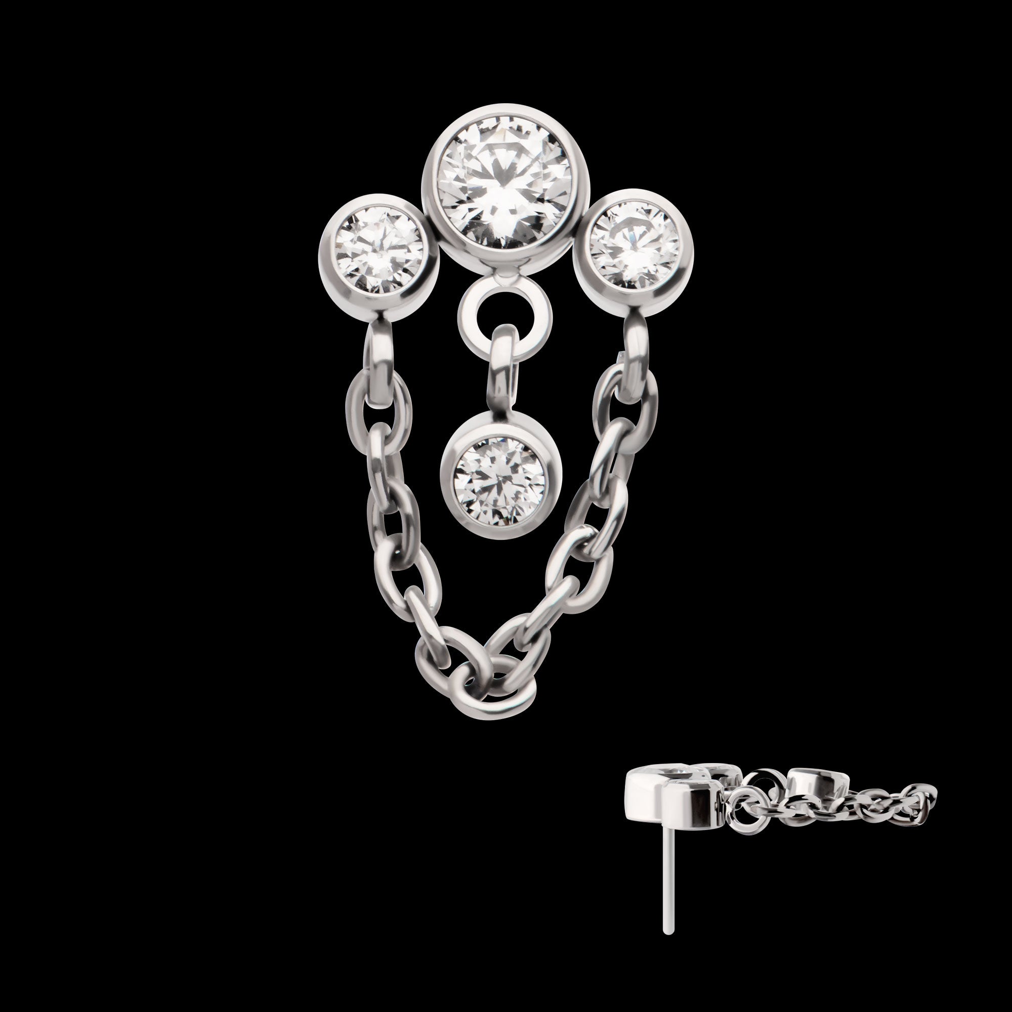 3-Cluster Bezel Round CZ with Chain & Gem Dangles Flatback Stud Earring / Nosering - CZ in Titanium