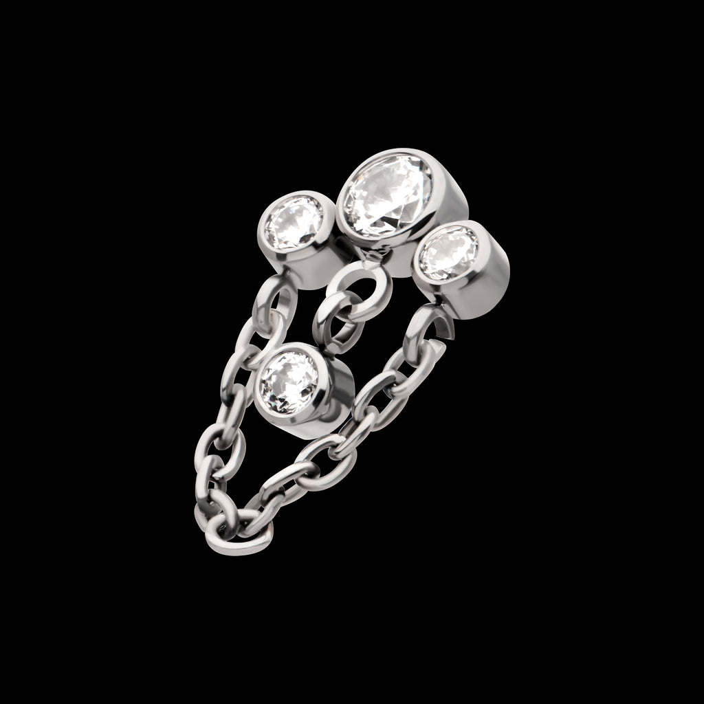 3-Cluster Bezel Round CZ with Chain & Gem Dangles Flatback Stud Earring / Nosering - CZ in Titanium