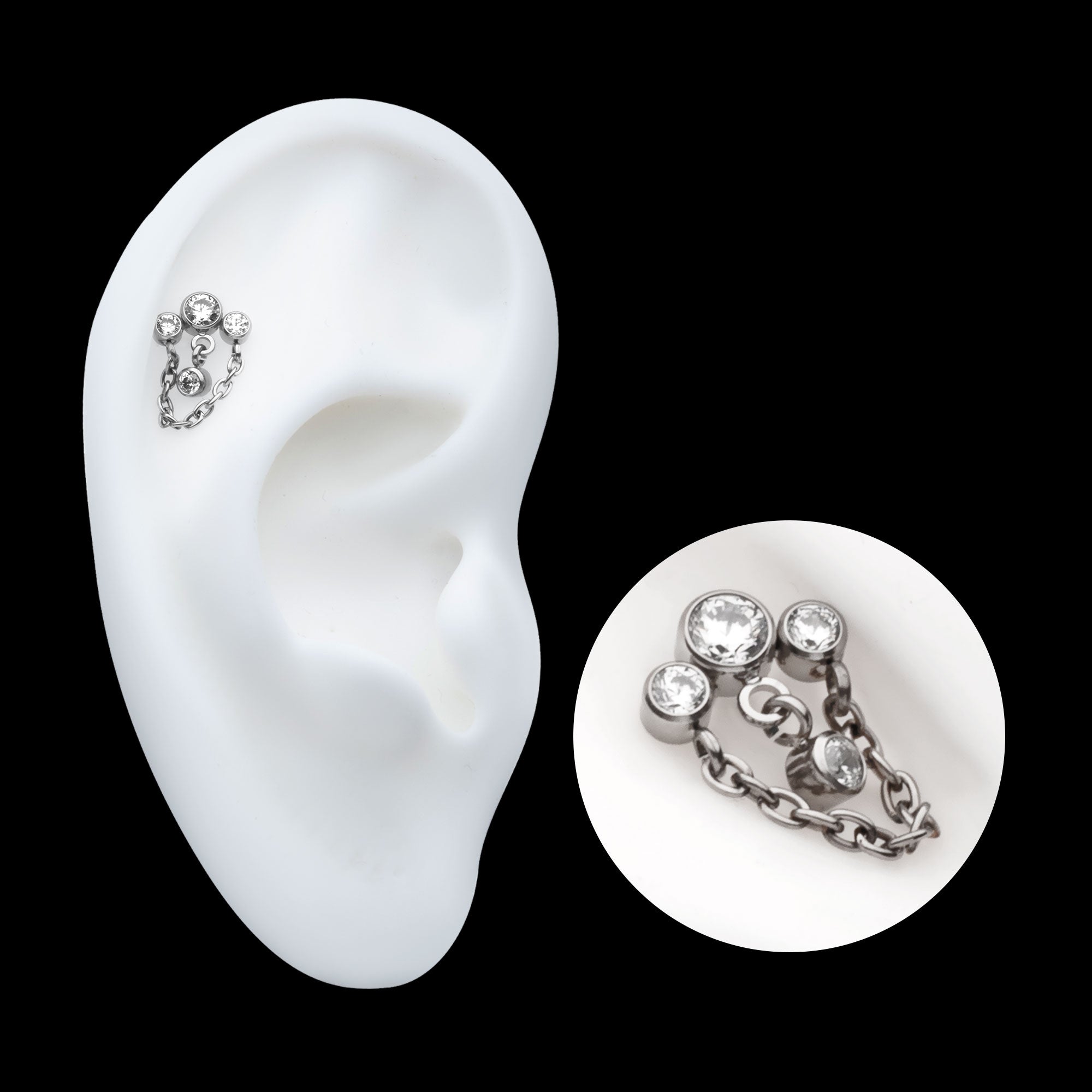 3-Cluster Bezel Round CZ with Chain & Gem Dangles Flatback Stud Earring / Nosering - CZ in Titanium