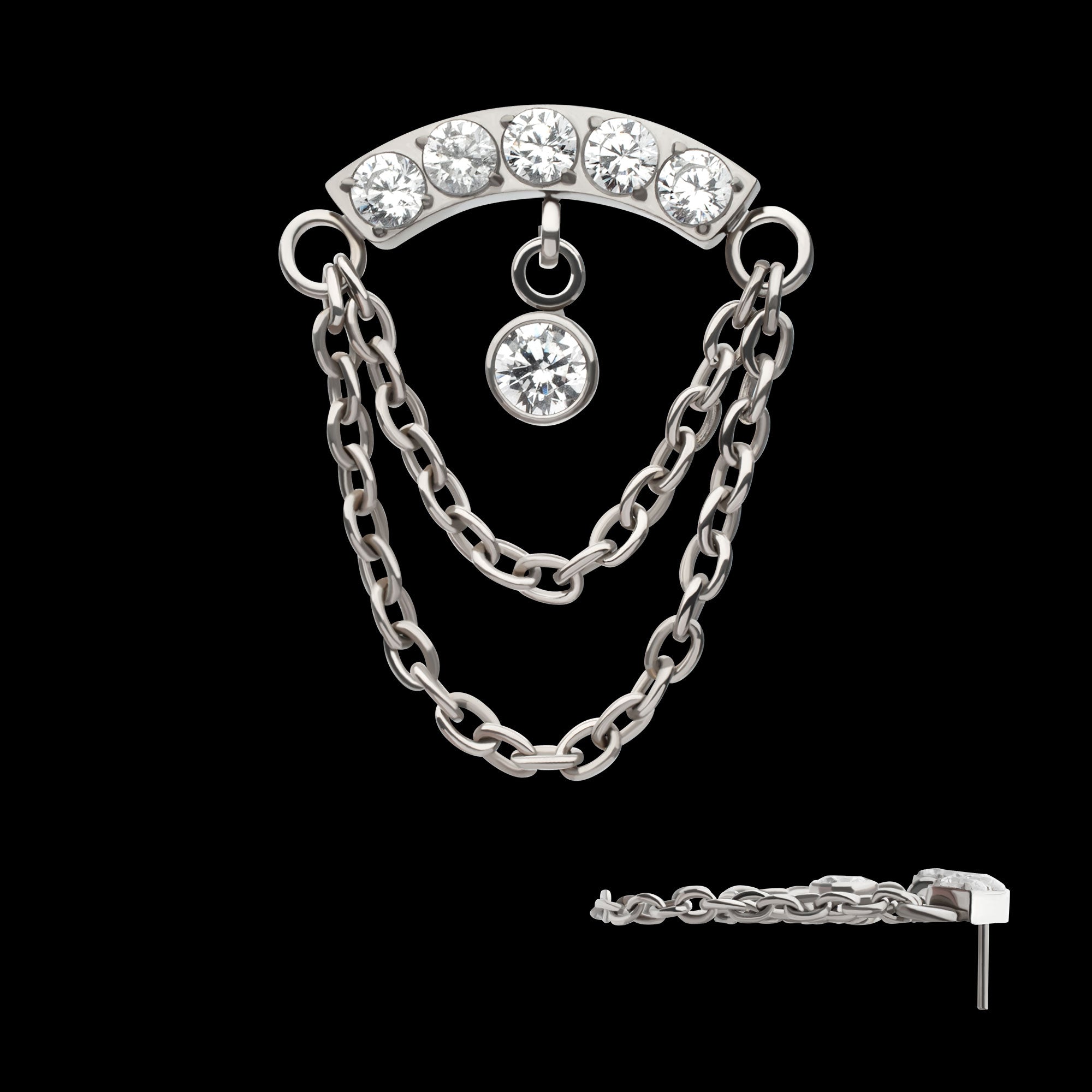 2-Tier Dangle Chain Clustered CZ Curved Bar with Bezel Round CZ Flatback Stud Earring / Nosering - CZ in Titanium