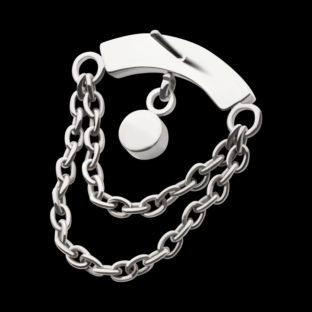 2-Tier Dangle Chain Clustered CZ Curved Bar with Bezel Round CZ Flatback Stud Earring / Nosering - CZ in Titanium