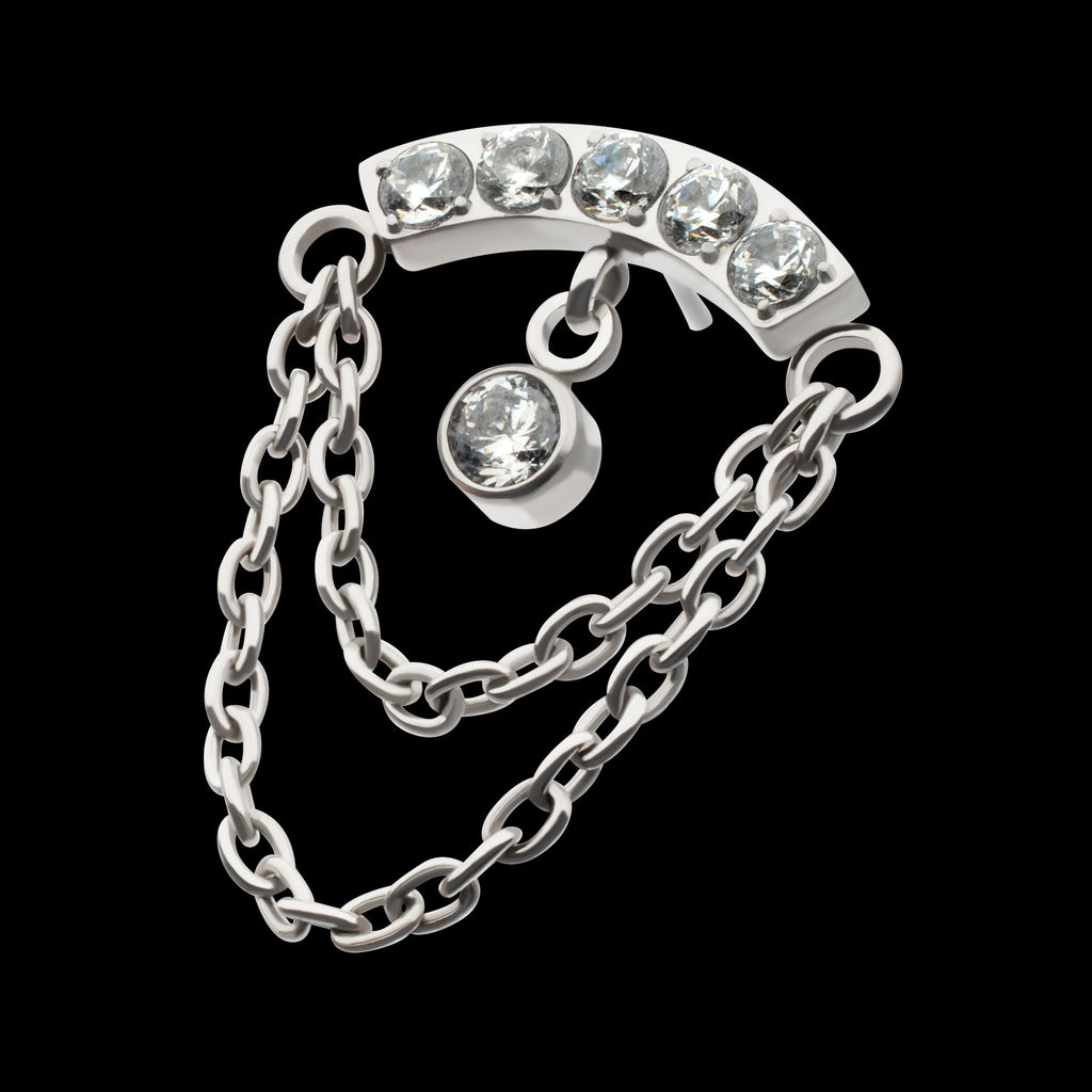 2-Tier Dangle Chain Clustered CZ Curved Bar with Bezel Round CZ Flatback Stud Earring / Nosering - CZ in Titanium