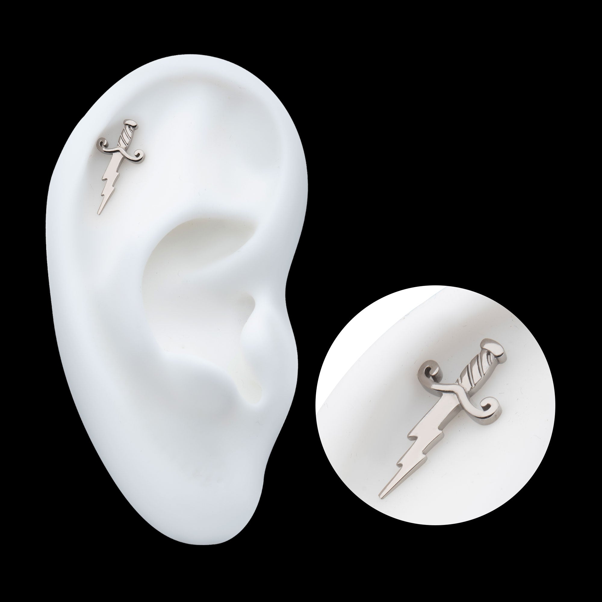 Dagger with Lightning Blade Flatback Stud Earring / Nosering - Titanium