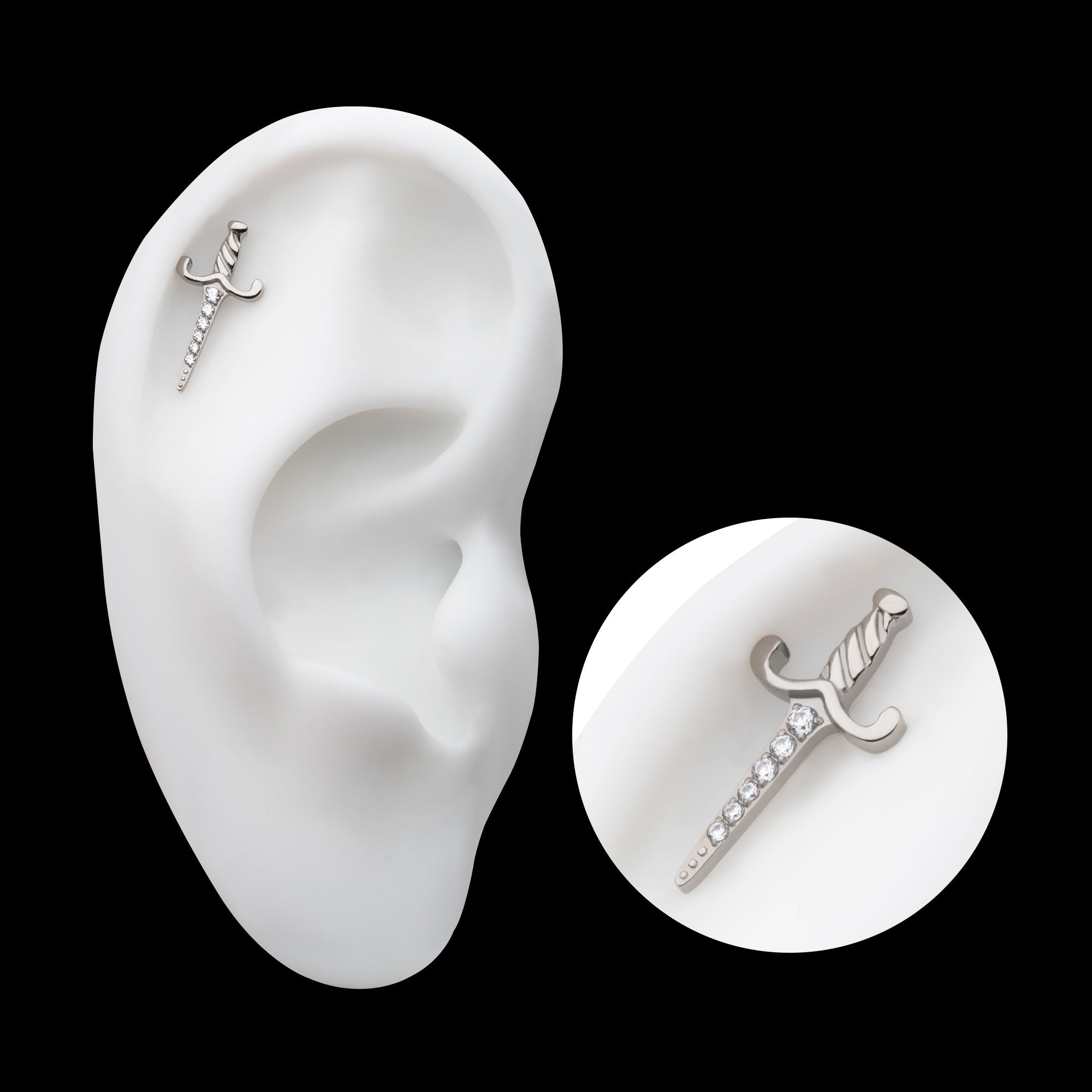 Dagger with 6-Gem Blade Flatback Stud Earring / Nosering - Gem in Titanium