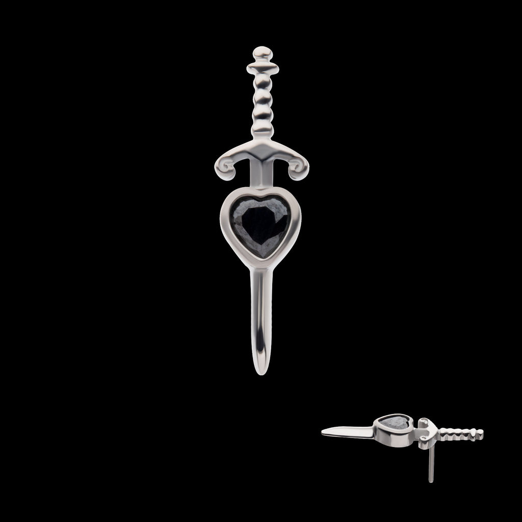 Dagger with Bezel Set Black Heart Gem Flatback Stud Earring / Nosering - Gem in Titanium