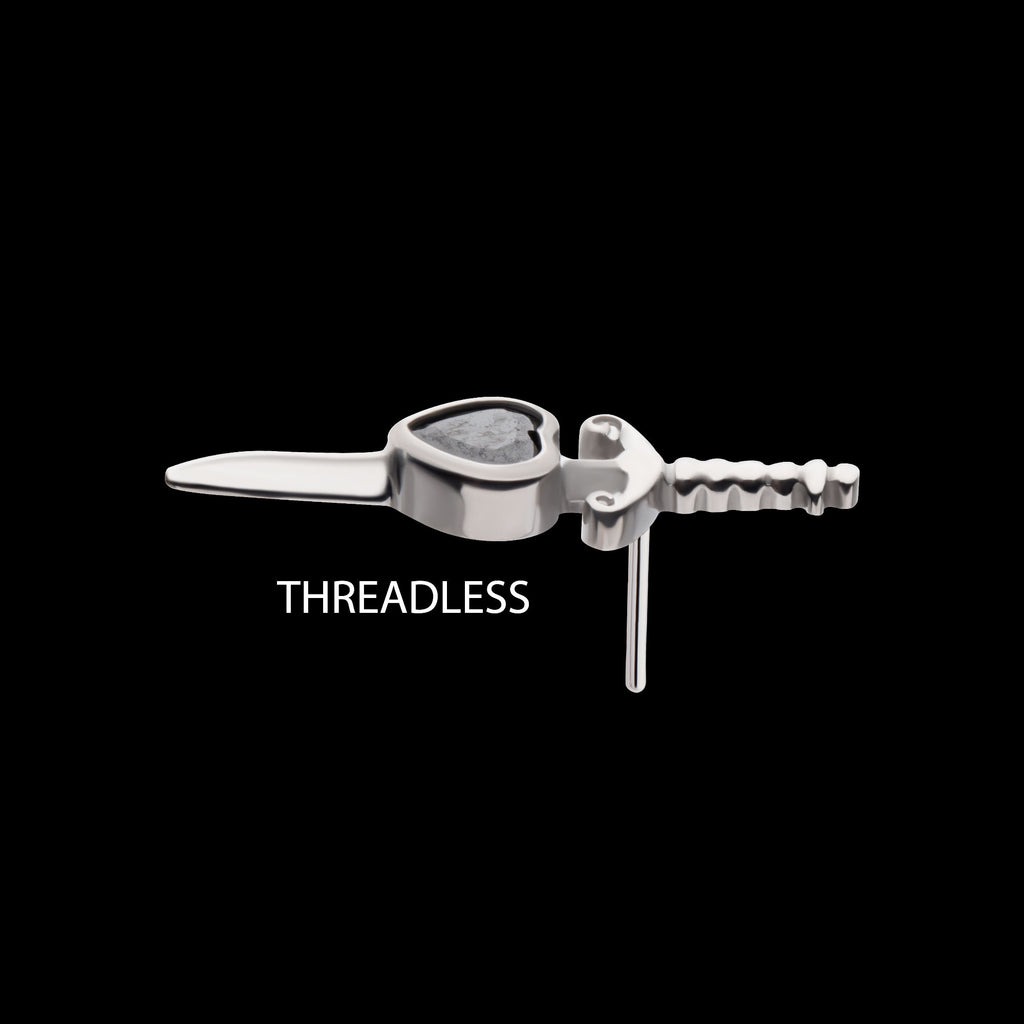 Dagger with Bezel Set Black Heart Gem Flatback Stud Earring / Nosering - Gem in Titanium