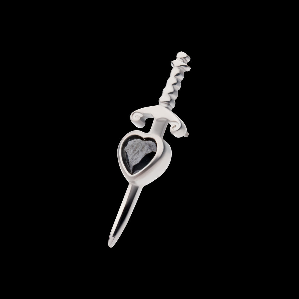 Dagger with Bezel Set Black Heart Gem Flatback Stud Earring / Nosering - Gem in Titanium