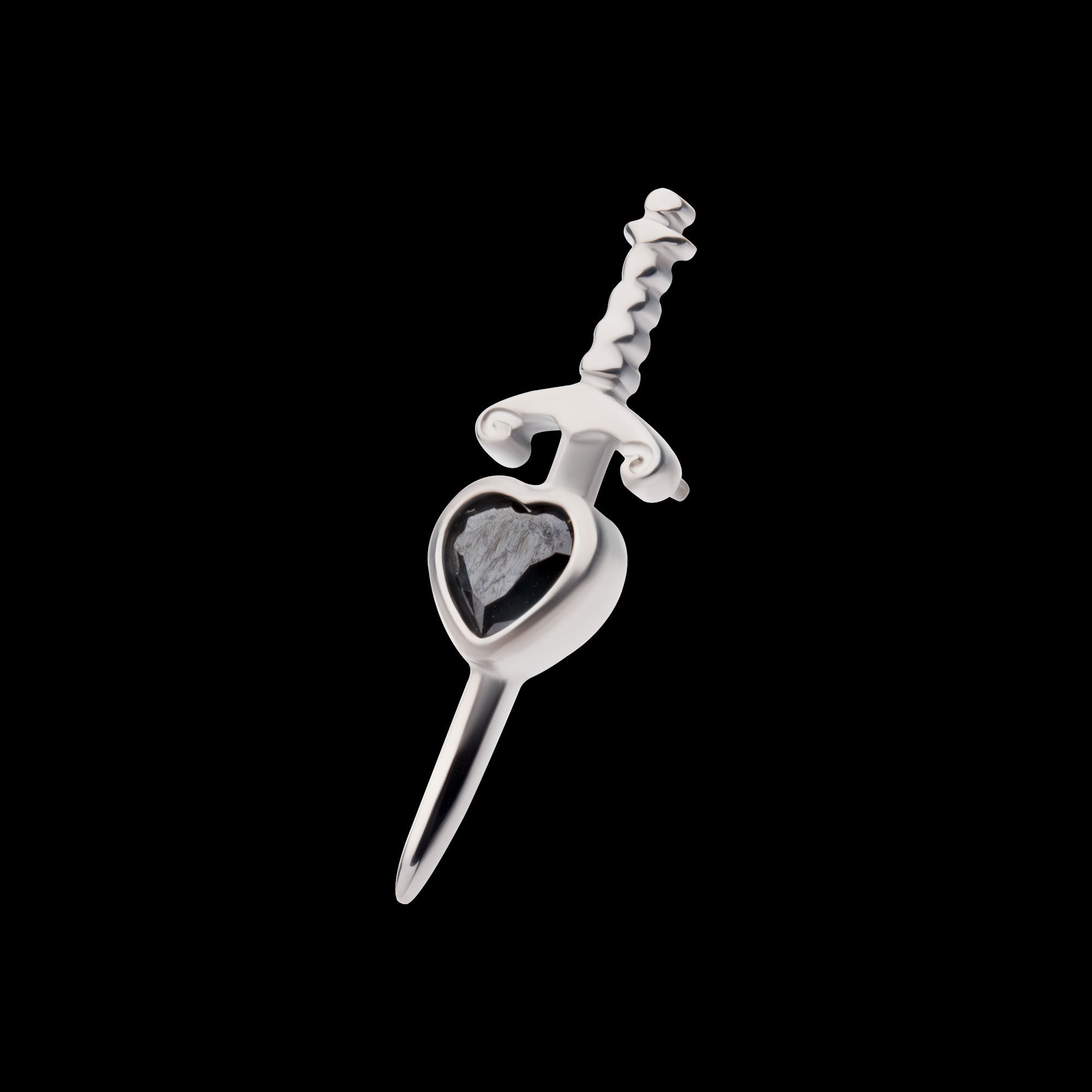 Dagger with Bezel Set Black Heart Gem Flatback Stud Earring / Nosering - Gem in Titanium
