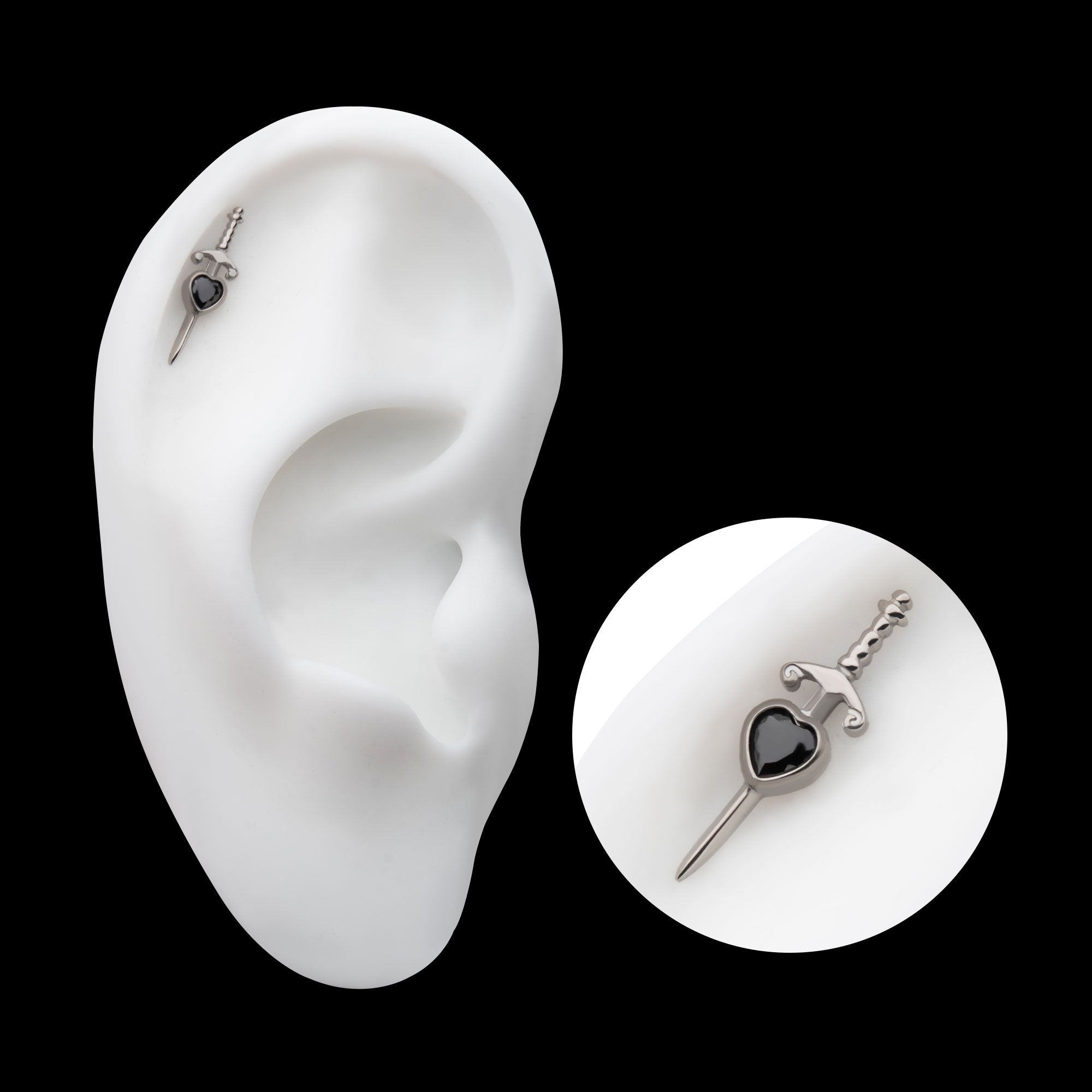 Dagger with Bezel Set Black Heart Gem Flatback Stud Earring / Nosering - Gem in Titanium