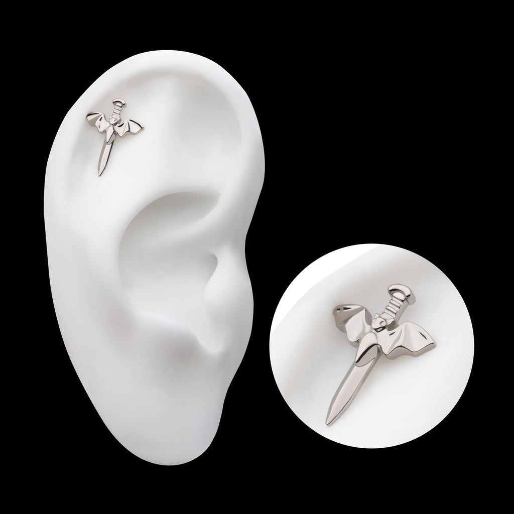 Dagger with Flying Bat Flatback Stud Earring / Nosering - Titanium