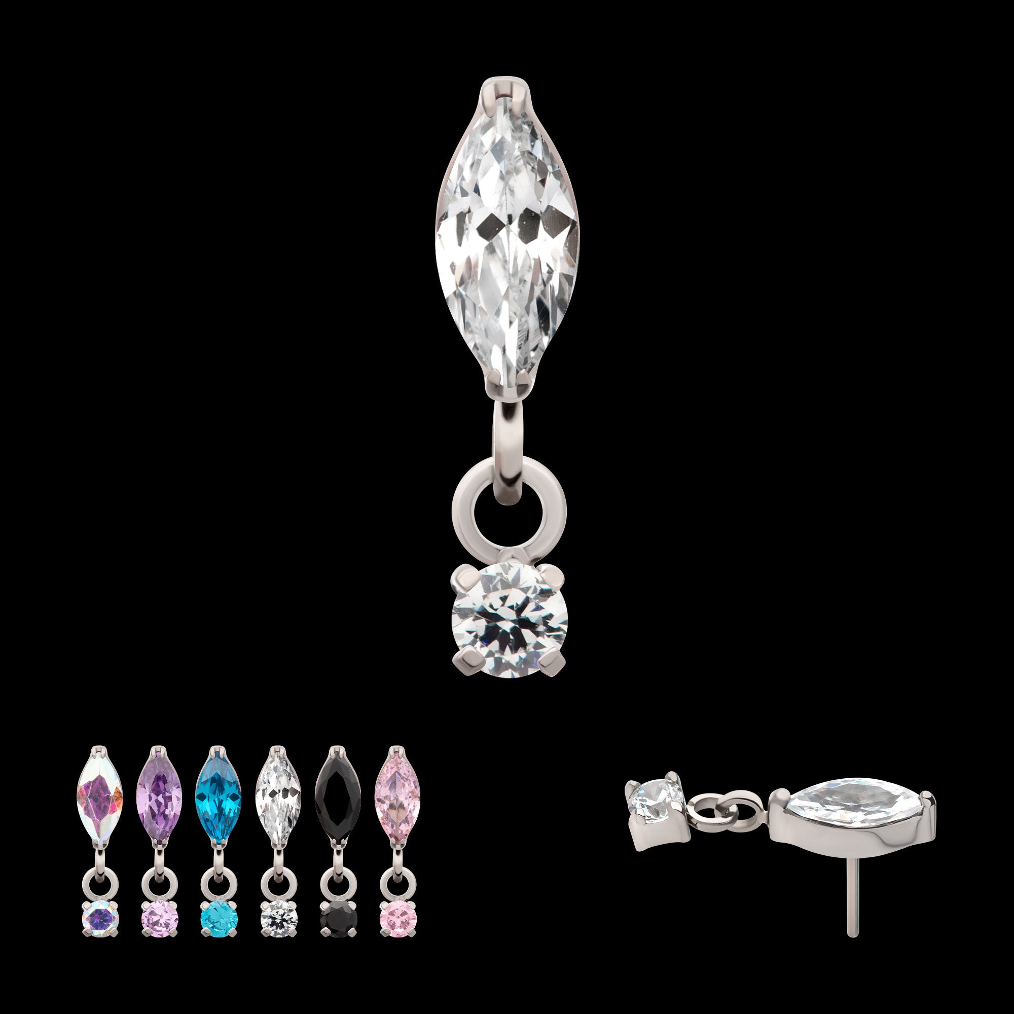 Marquise with Prong Set Gem Dangle Flatback Stud Earring / Nosering - Gem in Titanium