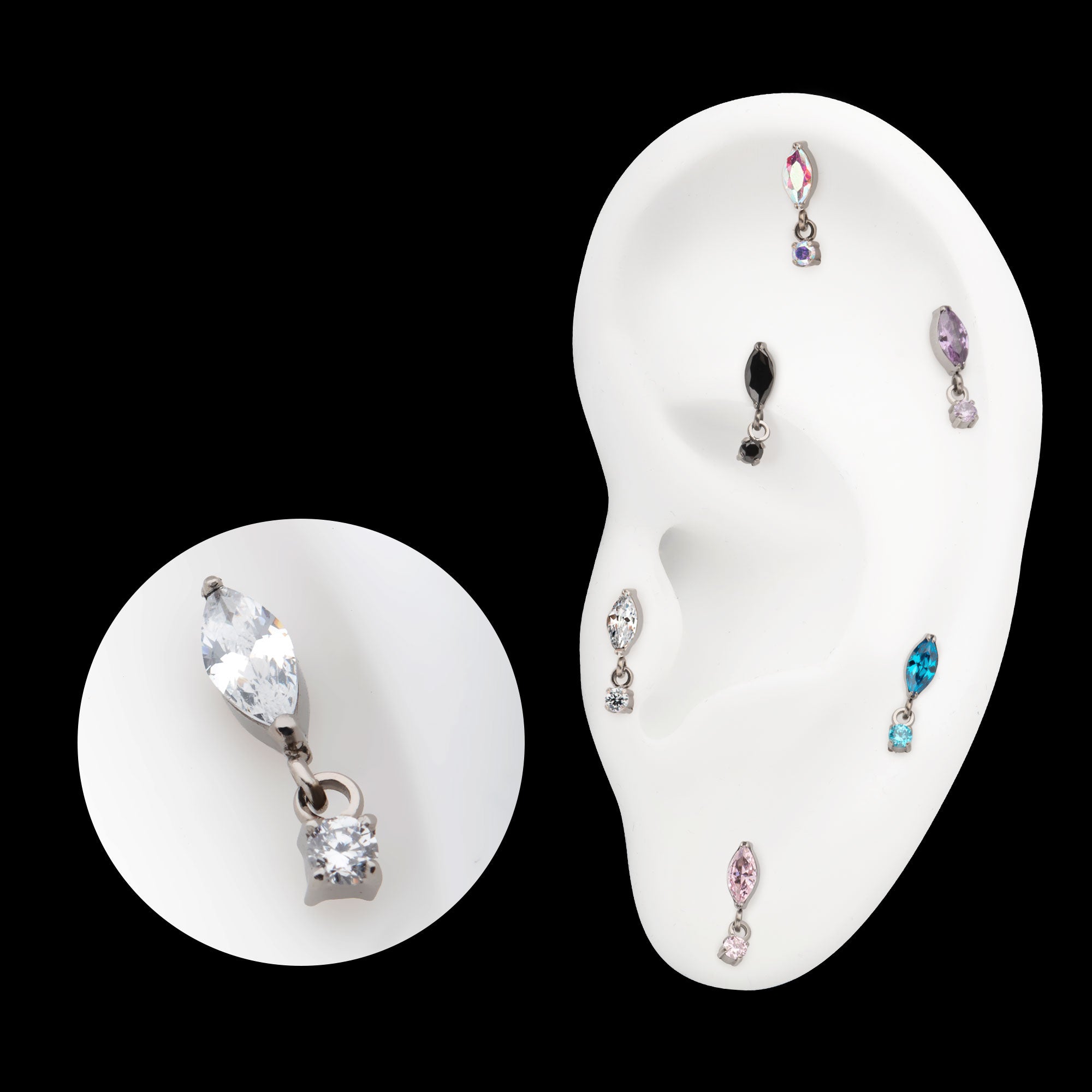 Marquise with Prong Set Gem Dangle Flatback Stud Earring / Nosering - Gem in Titanium