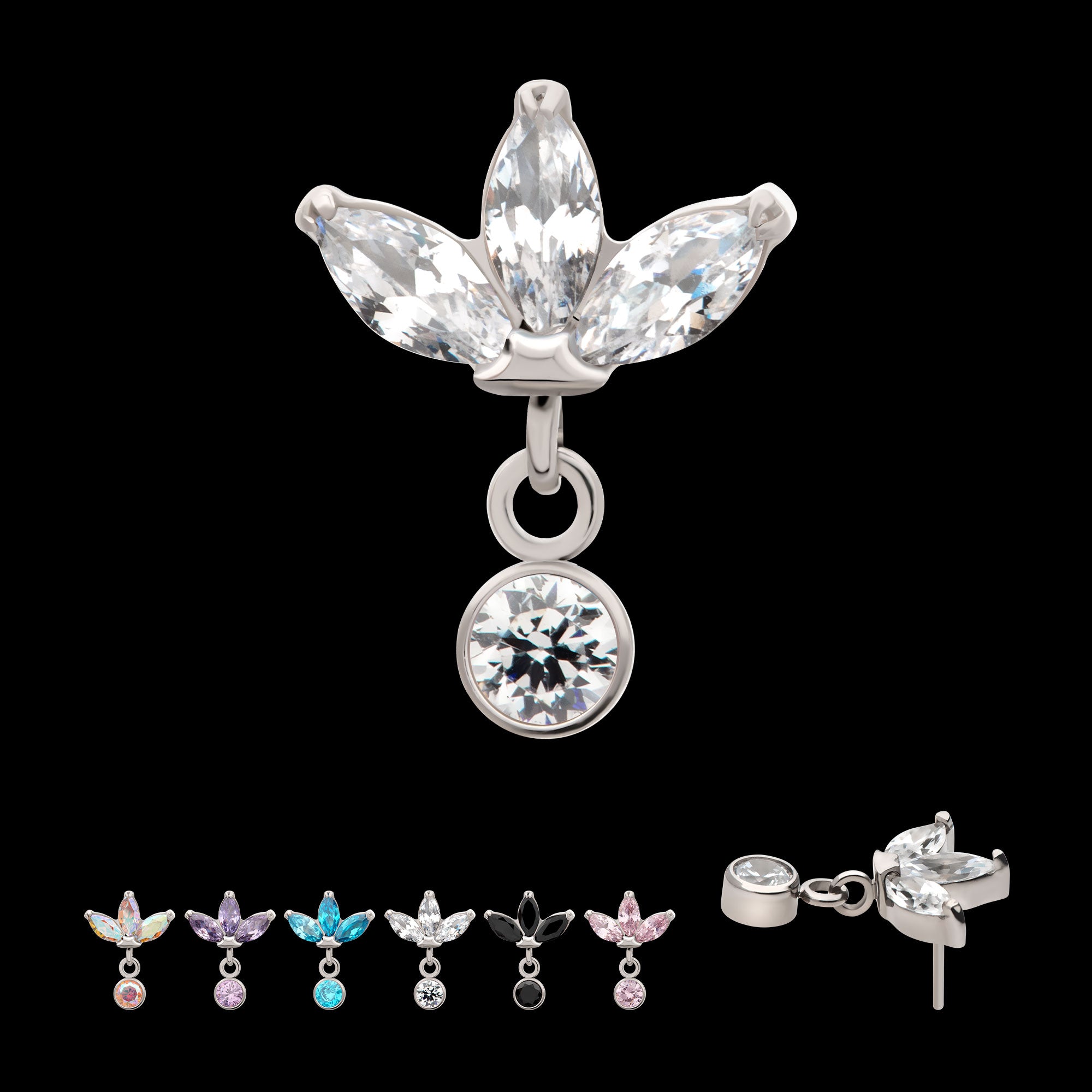 3 Marquise Fan with Bezel Gem Dangle Flatback Stud Earring / Nosering - Gem in Titanium