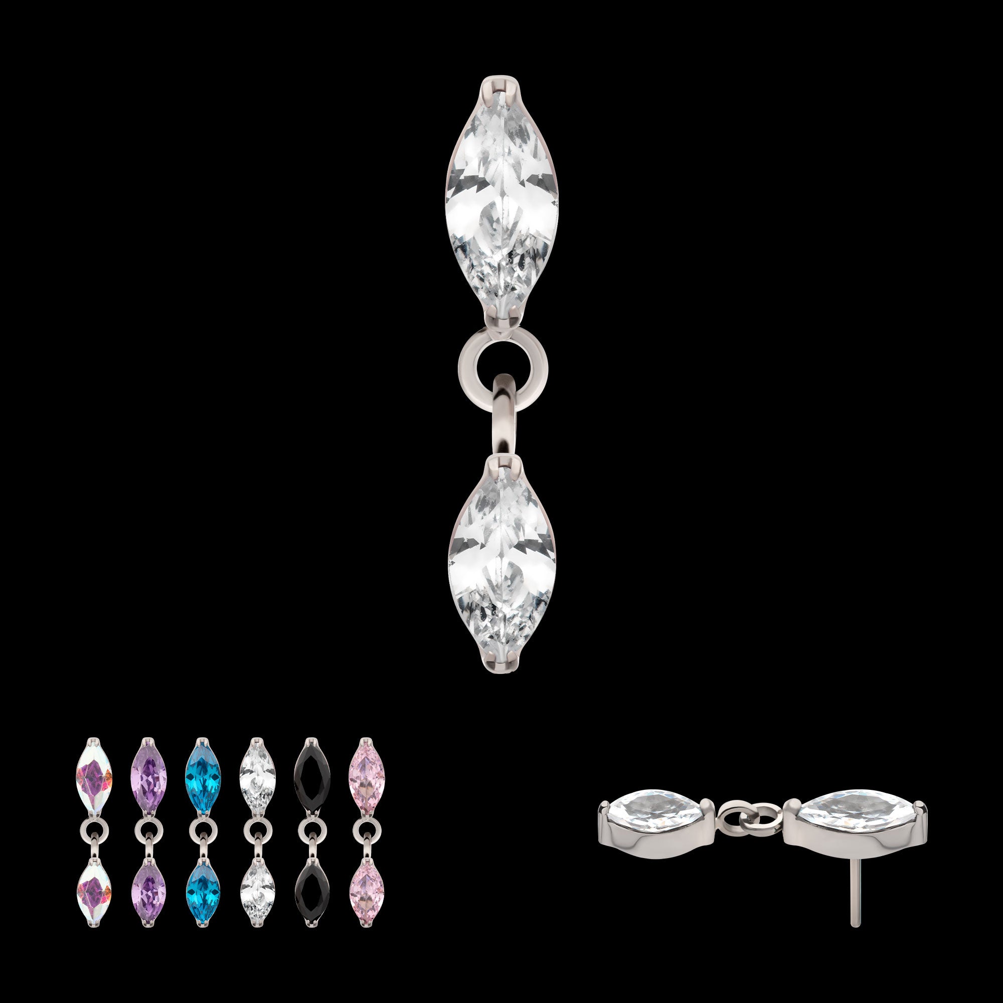 Prong Set Double Marquise Gem Dangle Flatback Stud Earring / Nosering - Gem in Titanium