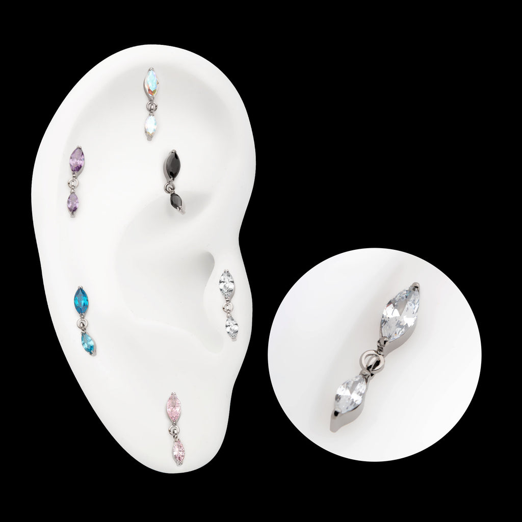 Prong Set Double Marquise Gem Dangle Flatback Stud Earring / Nosering - Gem in Titanium