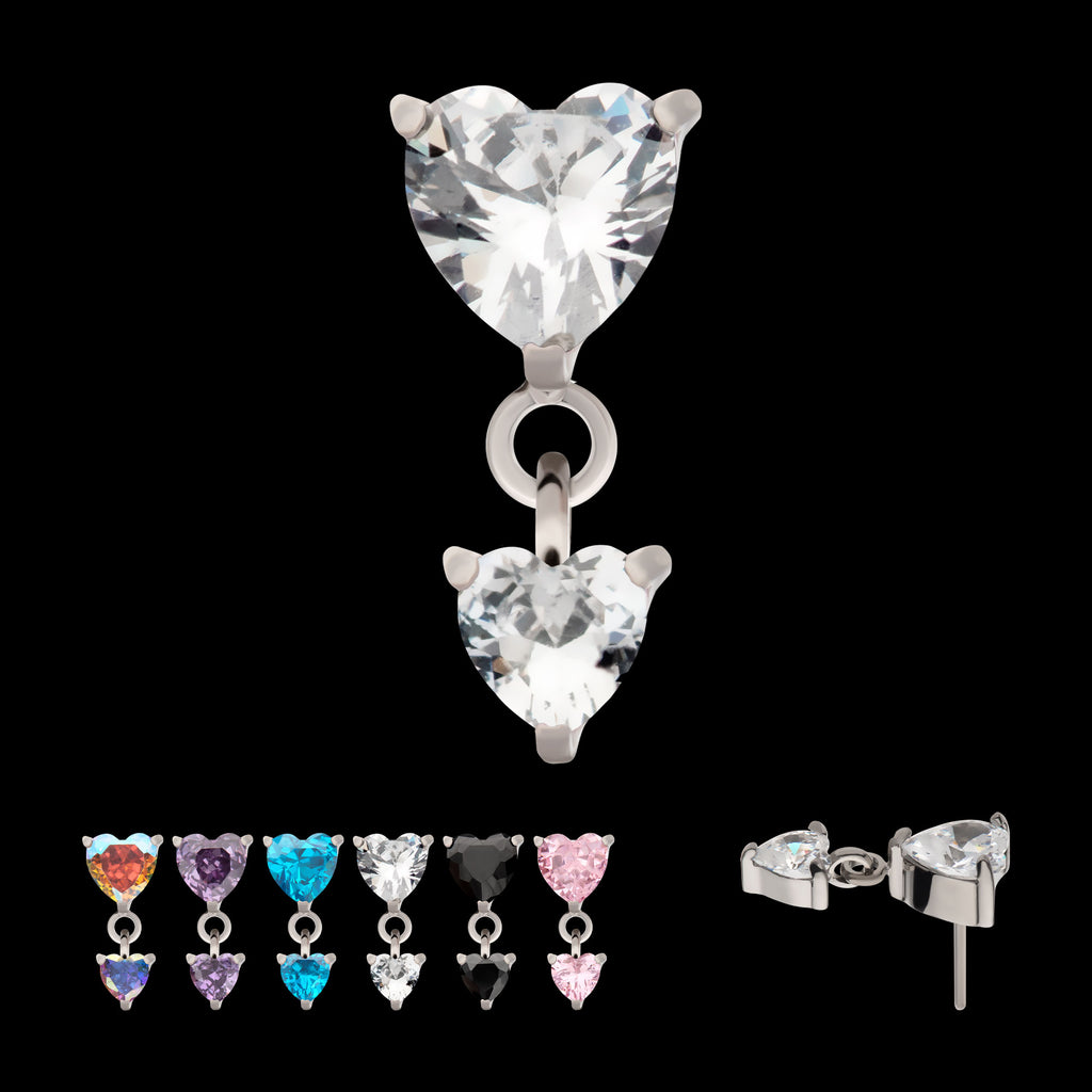 Prong Set Double Heart Gem Dangle Flatback Stud Earring / Nosering - Gem in Titanium
