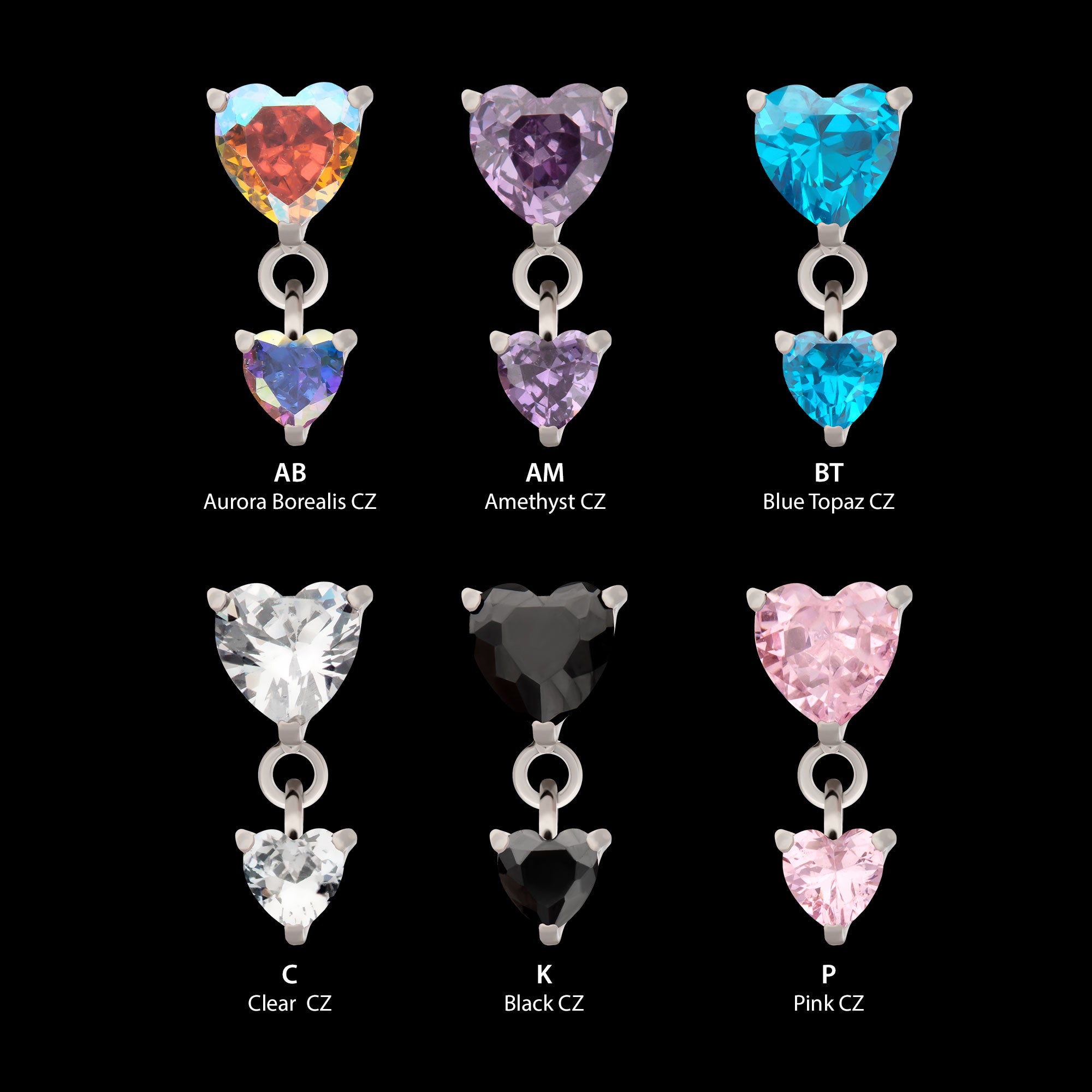 Prong Set Double Heart Gem Dangle Flatback Stud Earring / Nosering - Gem in Titanium