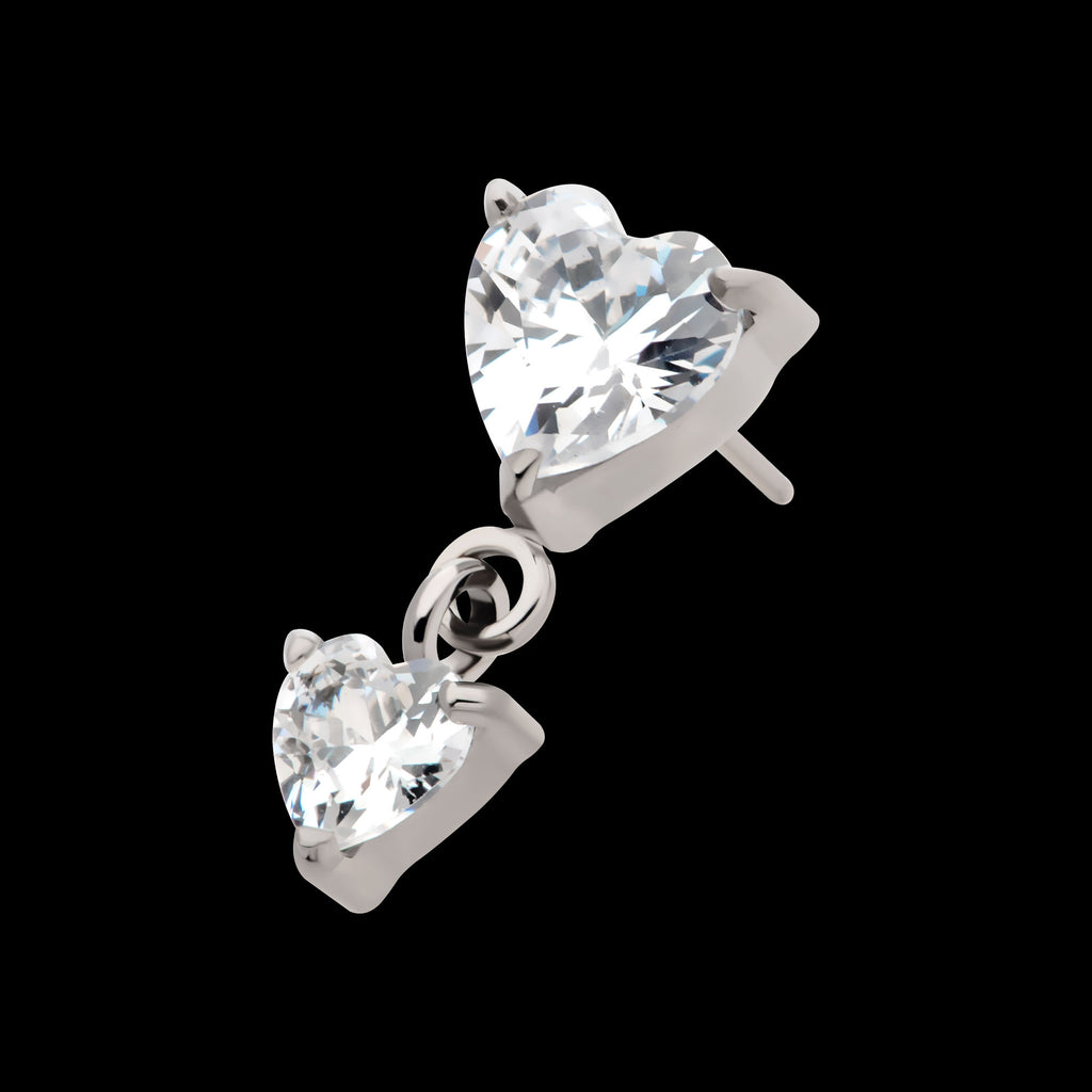 Prong Set Double Heart Gem Dangle Flatback Stud Earring / Nosering - Gem in Titanium