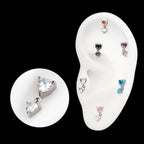 Prong Set Double Heart Gem Dangle Flatback Stud Earring / Nosering - Gem in Titanium