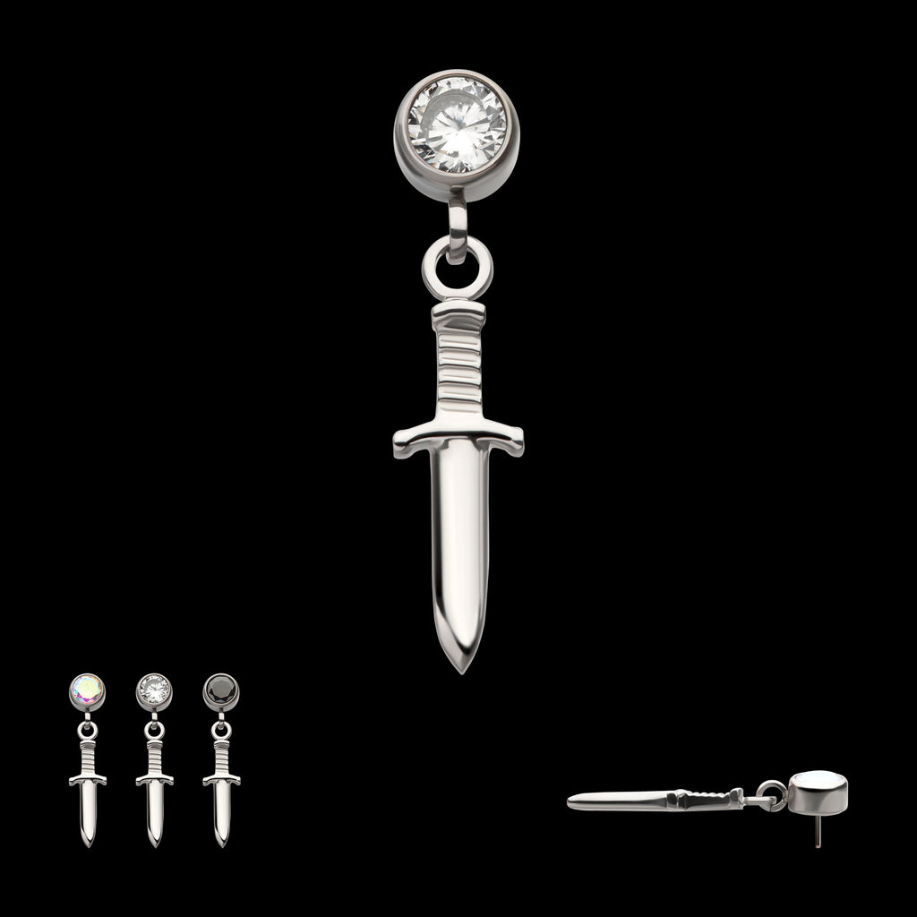 Bezel Round CZ Dangle Dagger Flatback Stud Earring / Nosering - CZ in Titanium