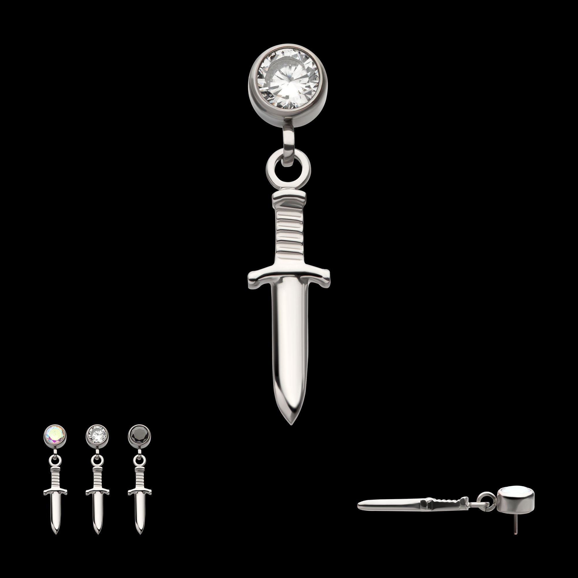 Bezel Round CZ Dangle Dagger Flatback Stud Earring / Nosering - CZ in Titanium