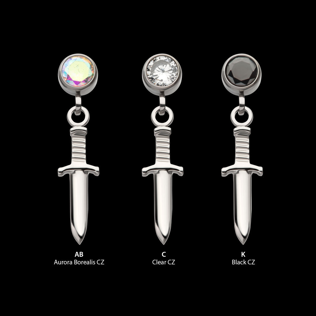 Bezel Round CZ Dangle Dagger Flatback Stud Earring / Nosering - CZ in Titanium
