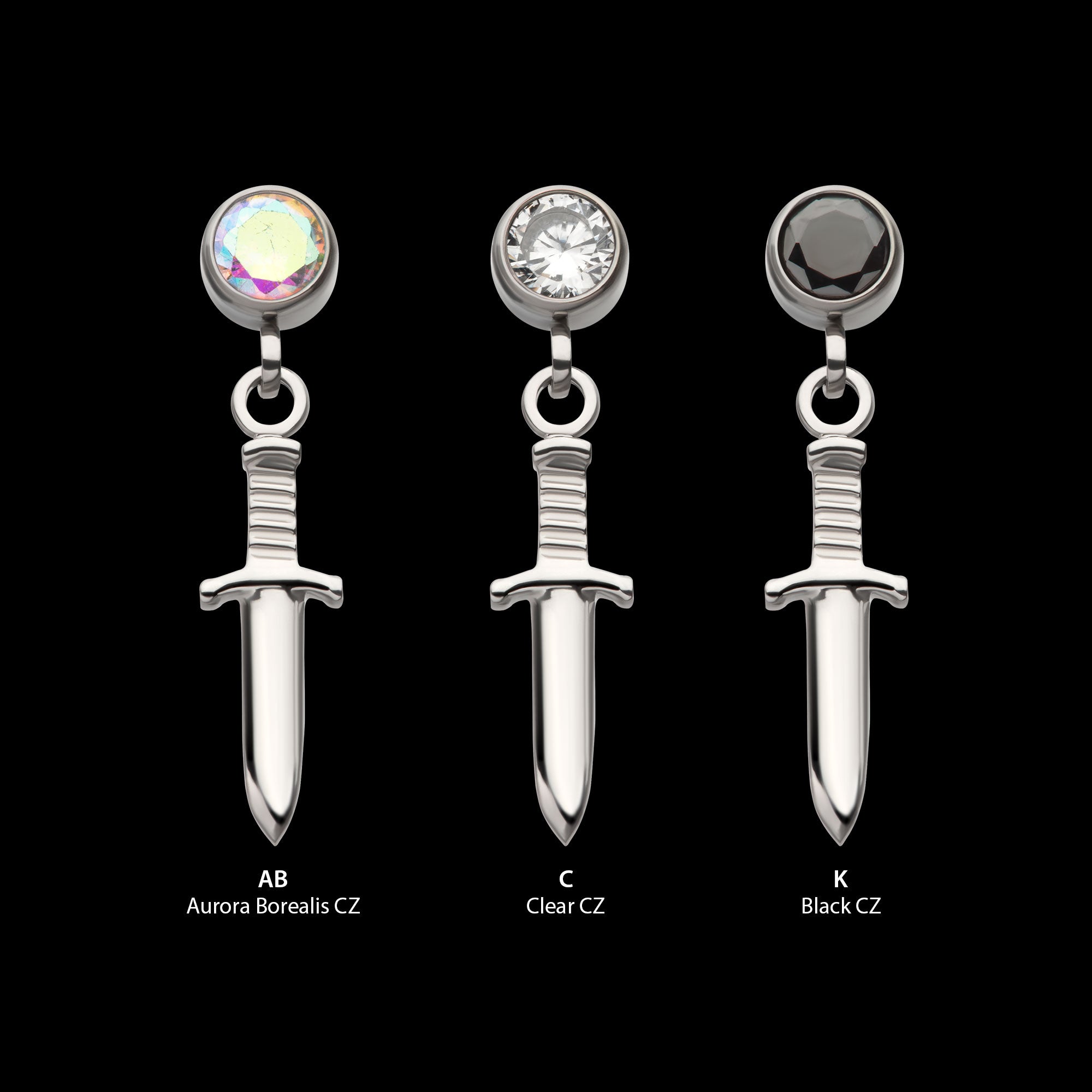 Bezel Round CZ Dangle Dagger Flatback Stud Earring / Nosering - CZ in Titanium
