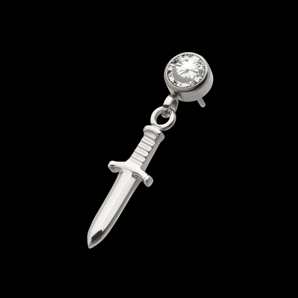 Bezel Round CZ Dangle Dagger Flatback Stud Earring / Nosering - CZ in Titanium