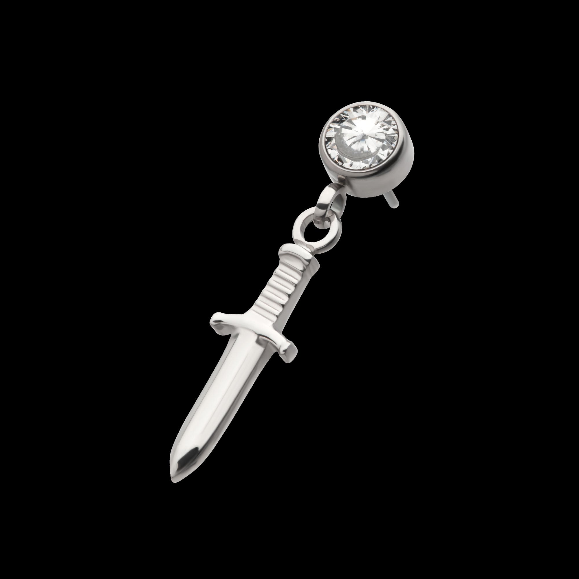 Bezel Round CZ Dangle Dagger Flatback Stud Earring / Nosering - CZ in Titanium