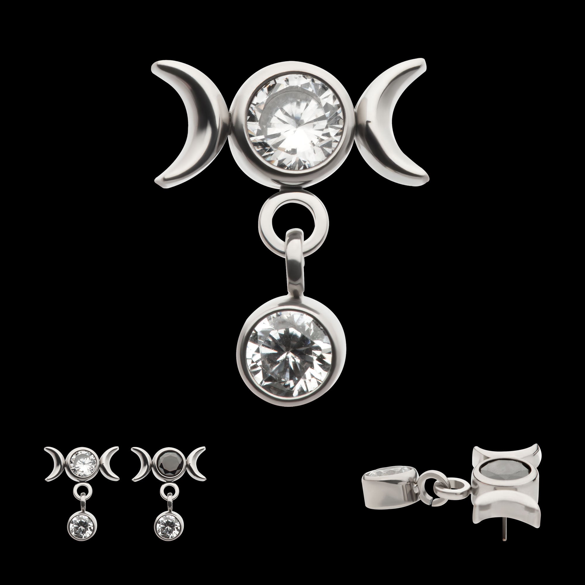 Dangle Bezel Round CZ Triple Moon Phase Gem Flatback Stud Earring / Nosering - CZ in Titanium