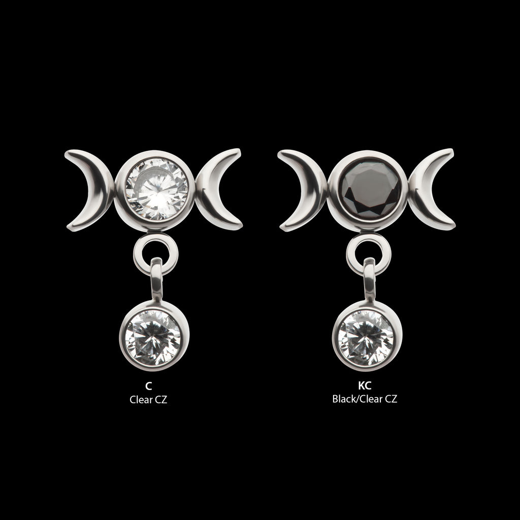 Dangle Bezel Round CZ Triple Moon Phase Gem Flatback Stud Earring / Nosering - CZ in Titanium