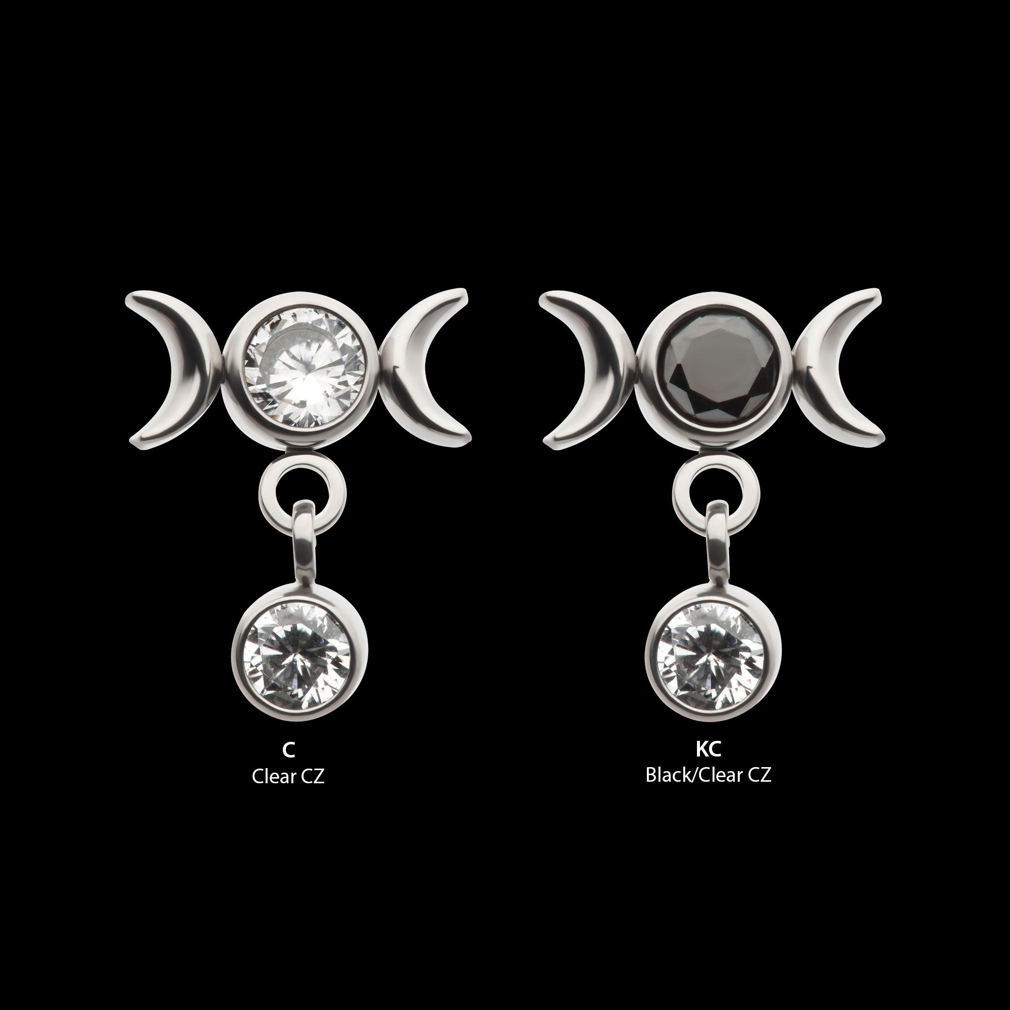 Dangle Bezel Round CZ Triple Moon Phase Gem Flatback Stud Earring / Nosering - CZ in Titanium