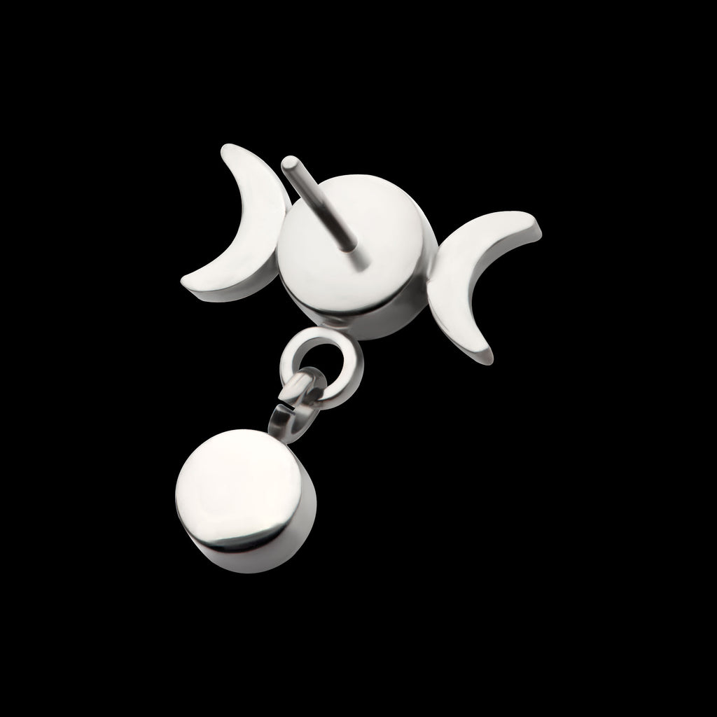 Dangle Bezel Round CZ Triple Moon Phase Gem Flatback Stud Earring / Nosering - CZ in Titanium