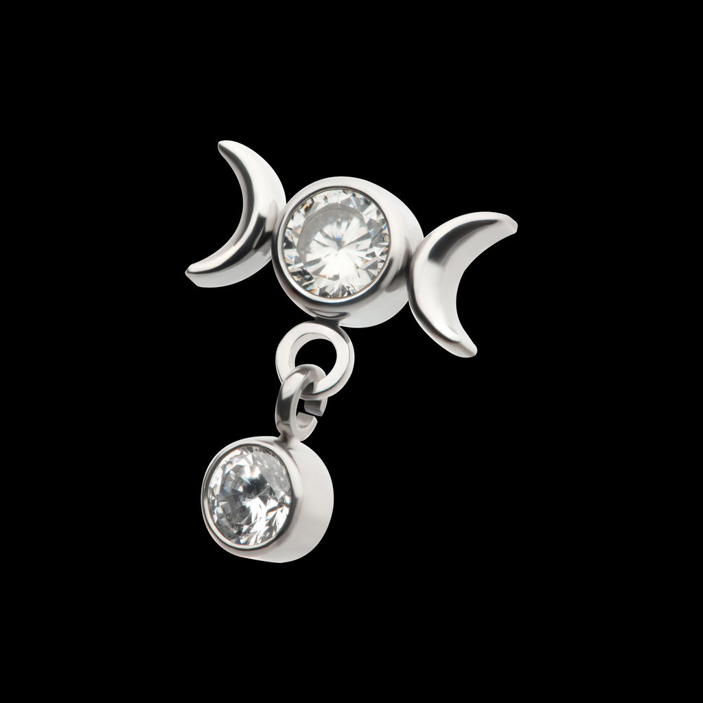 Dangle Bezel Round CZ Triple Moon Phase Gem Flatback Stud Earring / Nosering - CZ in Titanium