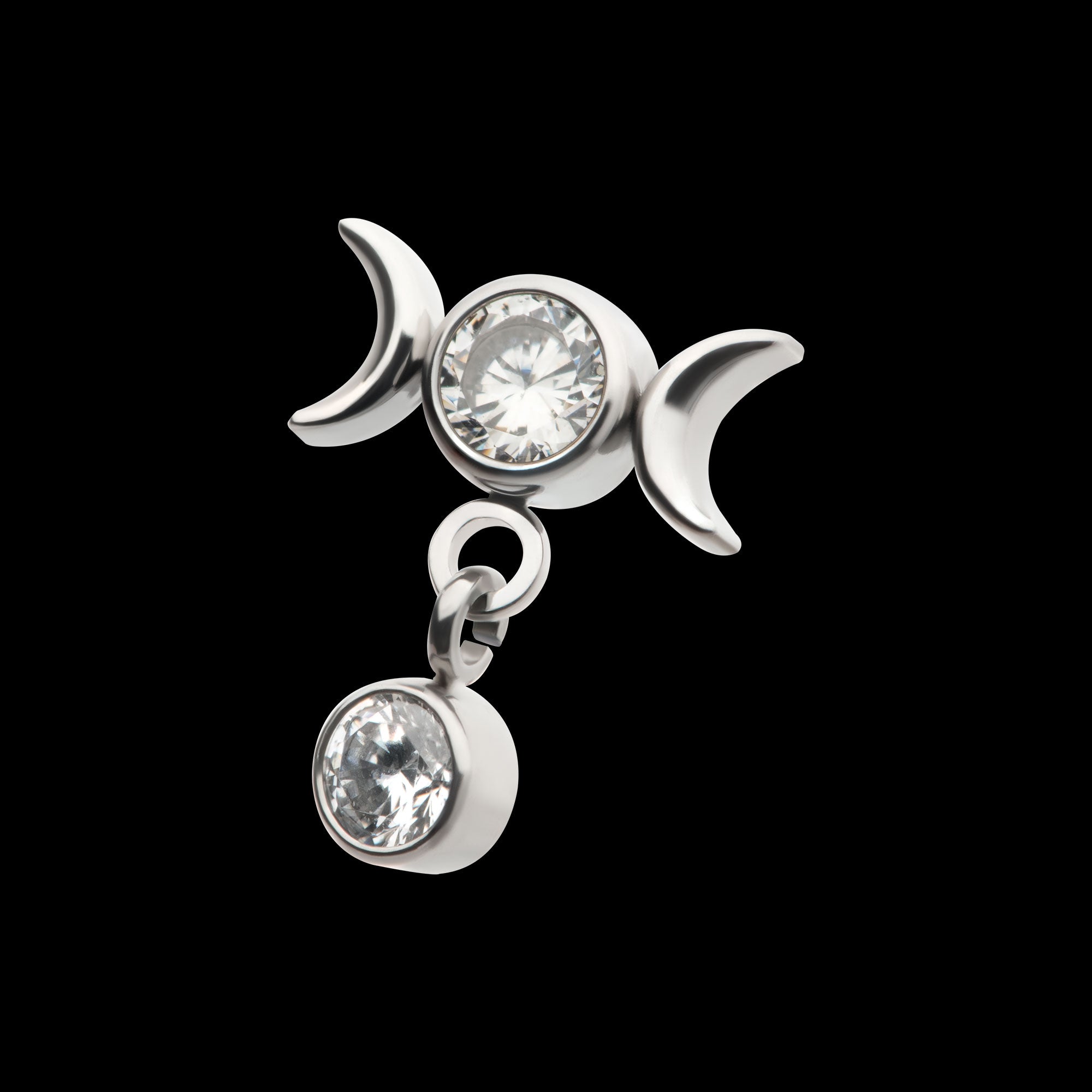 Dangle Bezel Round CZ Triple Moon Phase Gem Flatback Stud Earring / Nosering - CZ in Titanium